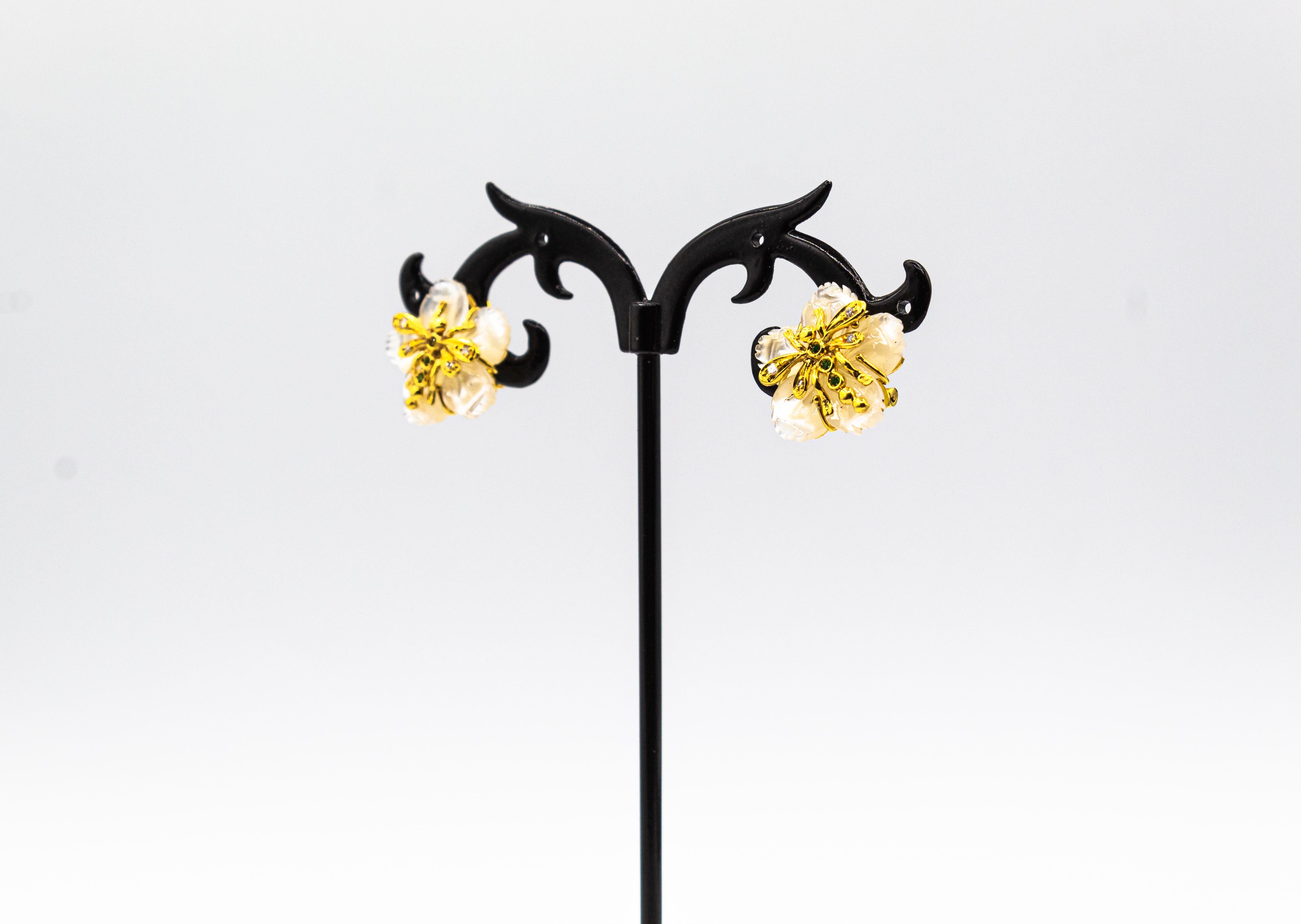 Art Nouveau White Diamond Emerald Mother of Pearl Yellow Gold Flowers Earrings 2