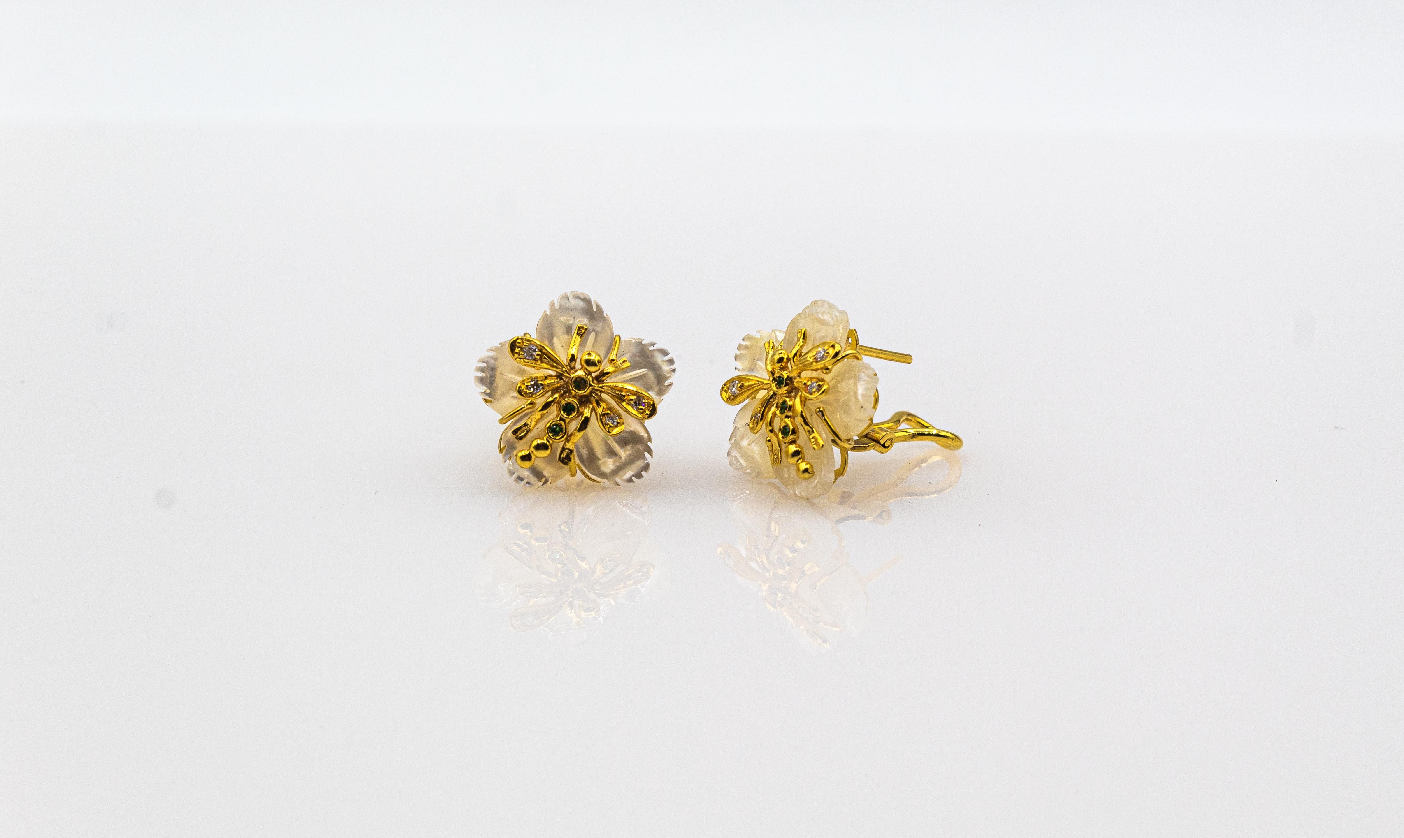 Art Nouveau White Diamond Emerald Mother of Pearl Yellow Gold Flowers Earrings 4