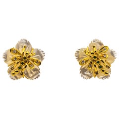 Art Nouveau White Diamond Emerald Mother of Pearl Yellow Gold Flowers Earrings