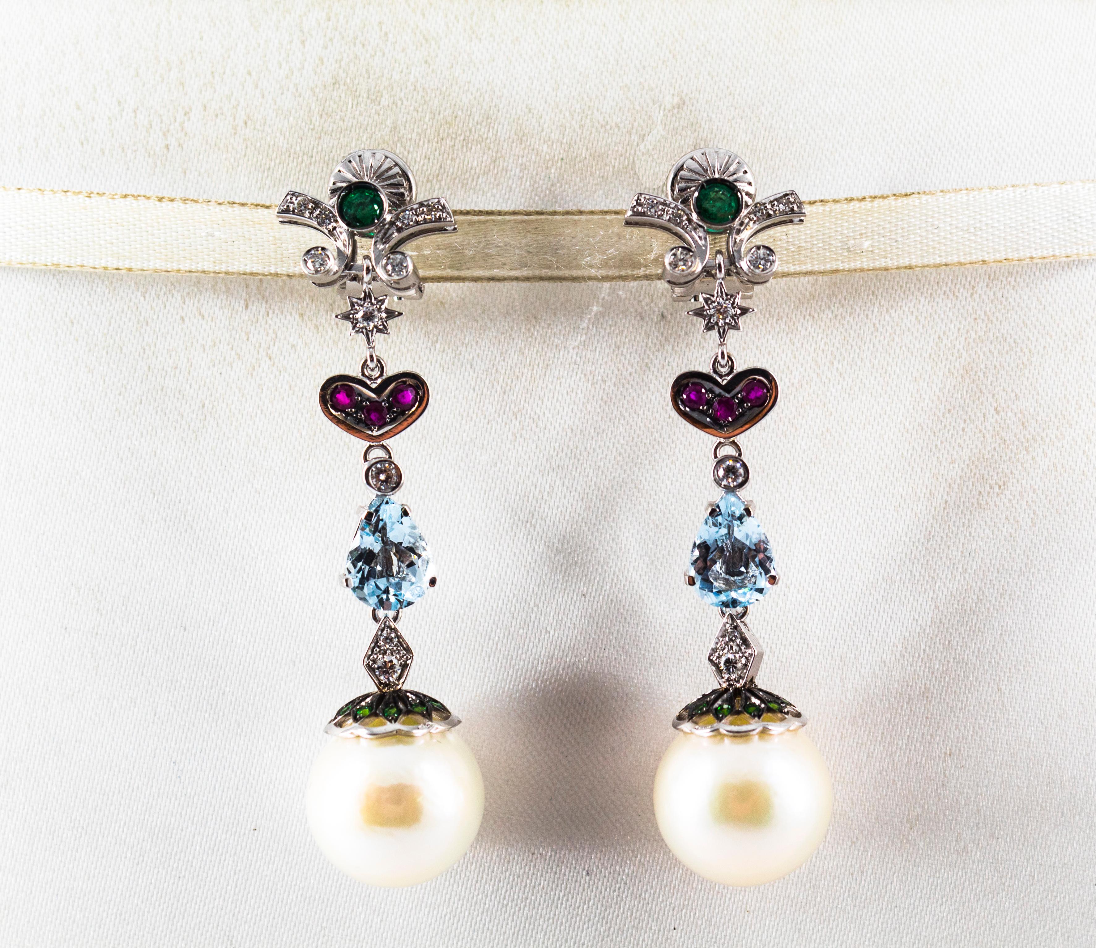 Art Nouveau White Diamond Emerald Ruby Aquamarine Pearl White Gold Drop Earrings In New Condition For Sale In Naples, IT