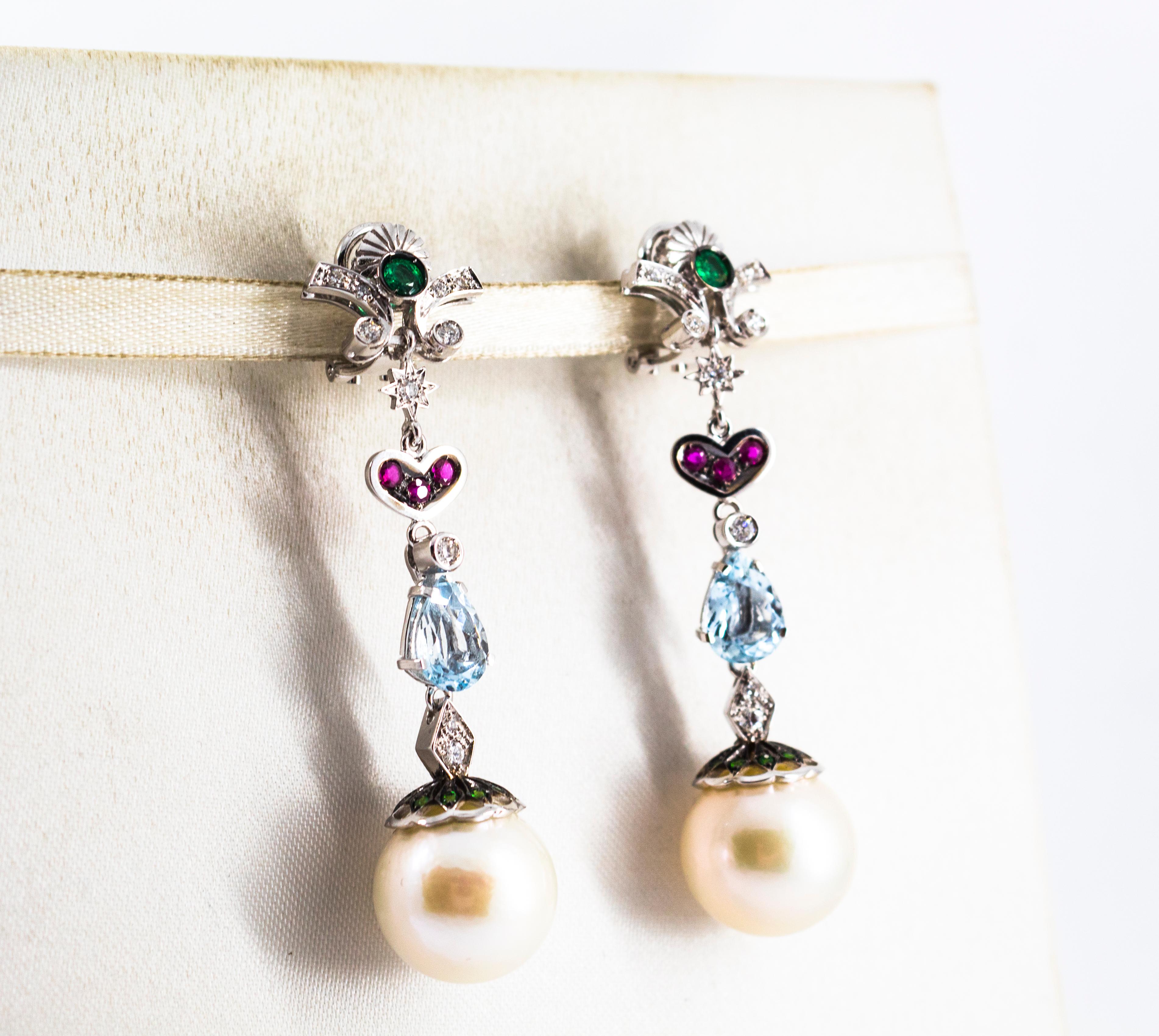 Women's or Men's Art Nouveau White Diamond Emerald Ruby Aquamarine Pearl White Gold Drop Earrings For Sale