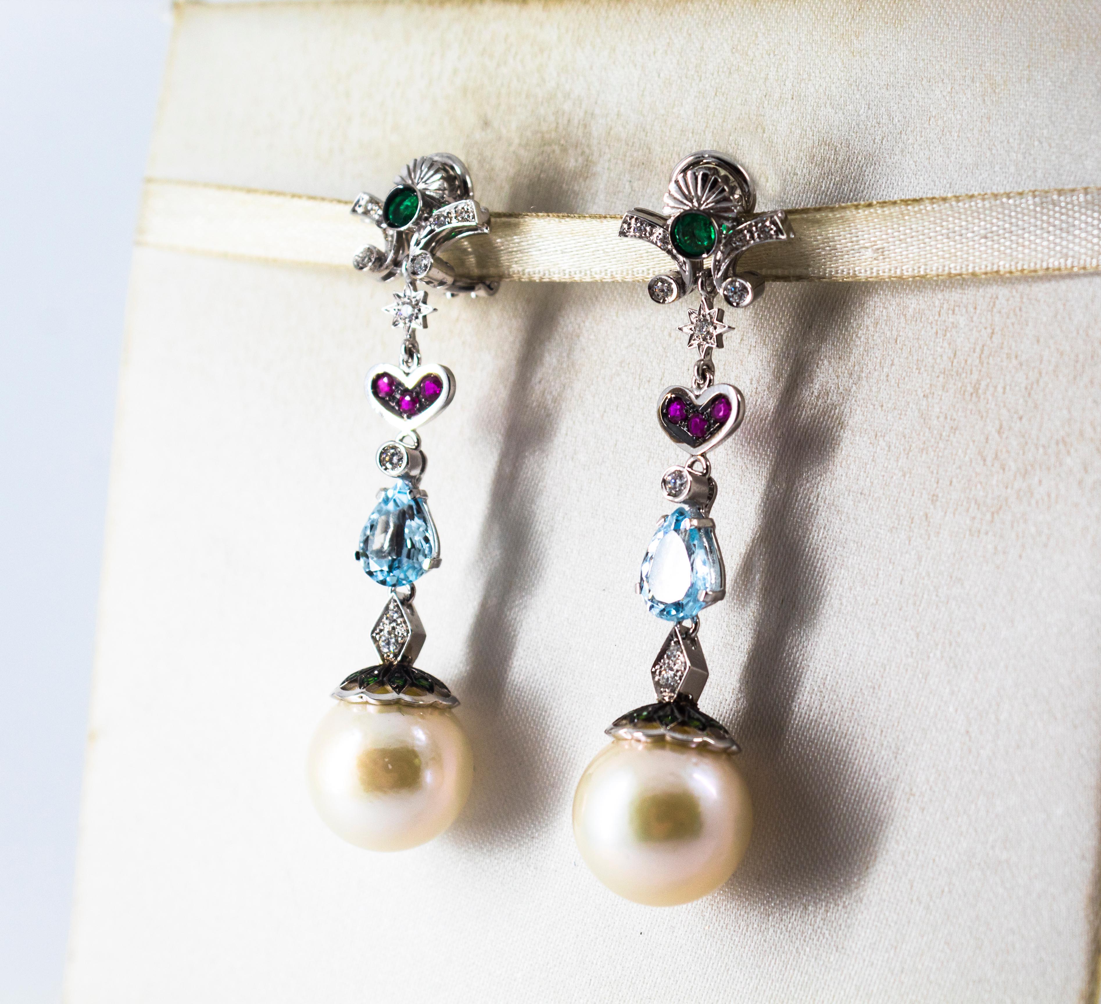 Art Nouveau White Diamond Emerald Ruby Aquamarine Pearl White Gold Drop Earrings For Sale 2