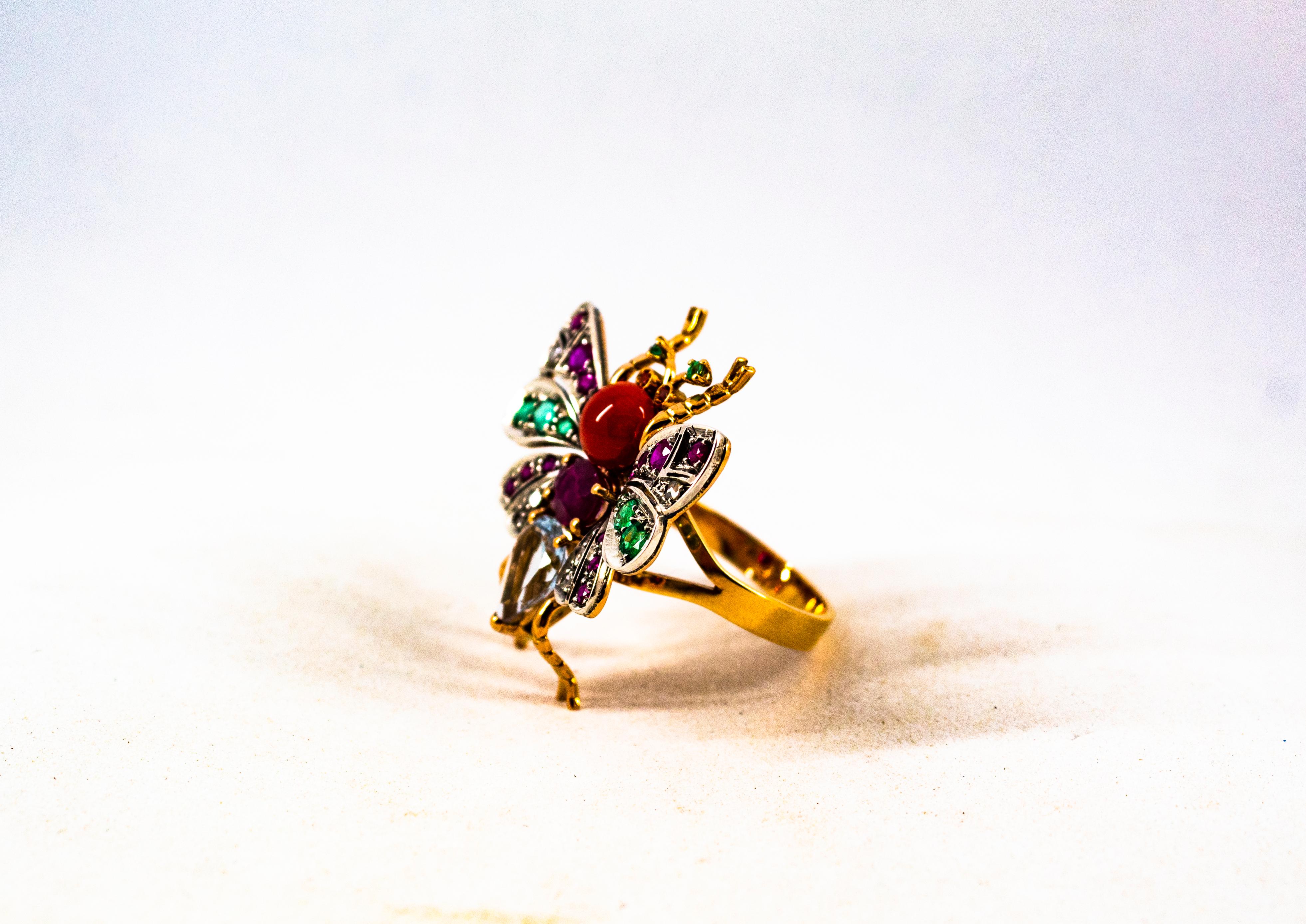 Art Nouveau White Diamond Emerald Ruby Aquamarine Red Coral Yellow Gold Ring For Sale 5