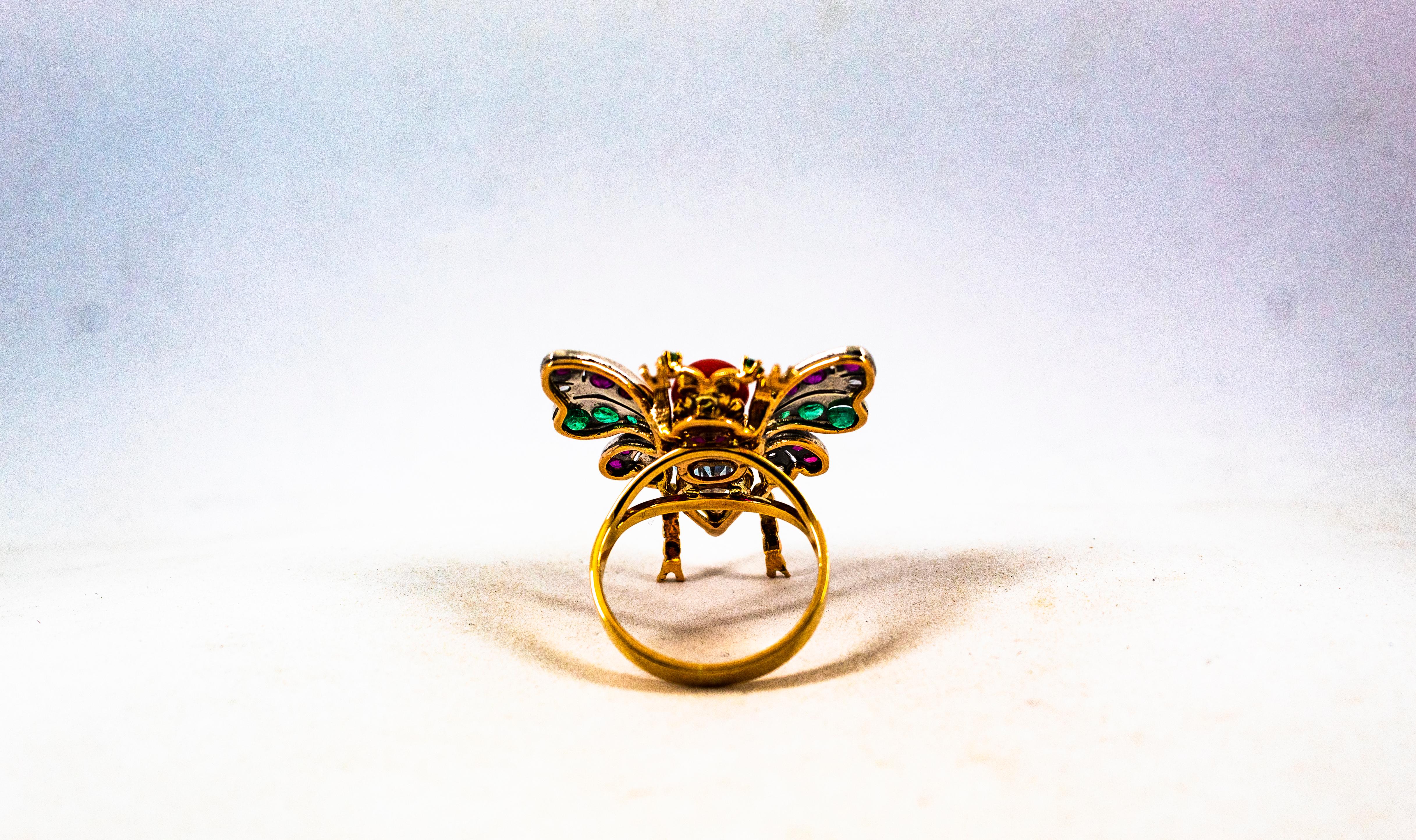 Art Nouveau White Diamond Emerald Ruby Aquamarine Red Coral Yellow Gold Ring For Sale 6