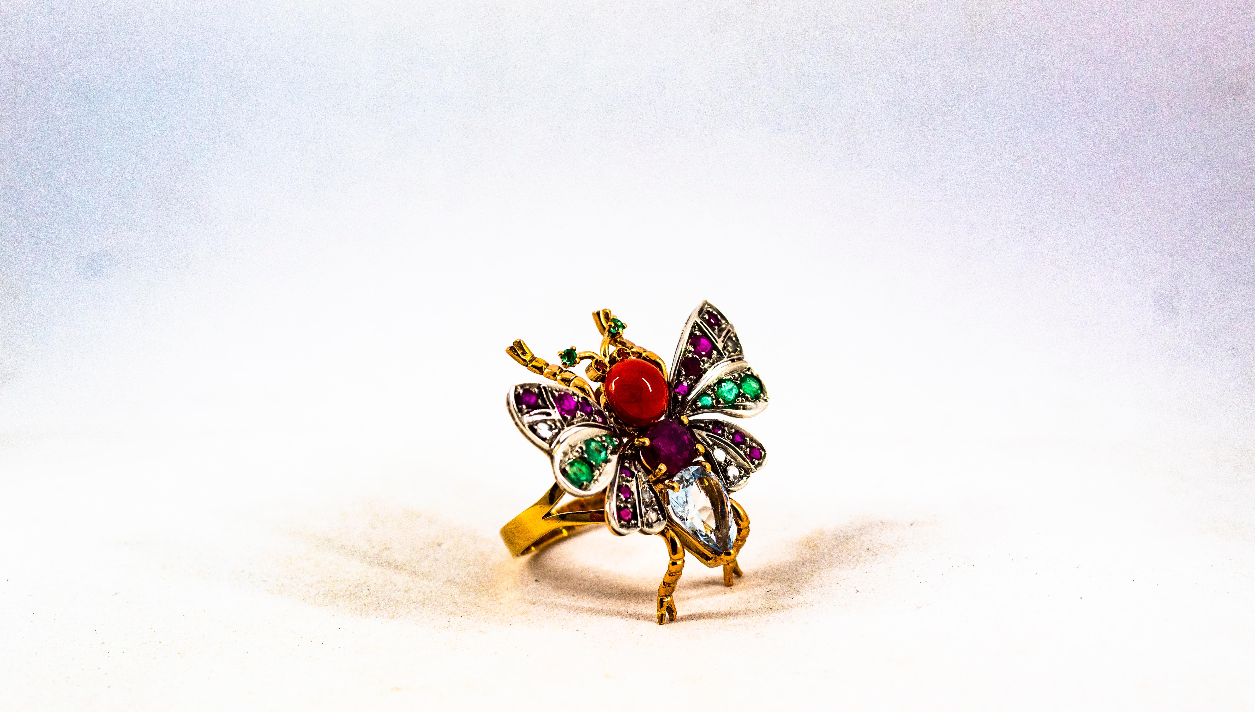 Art Nouveau White Diamond Emerald Ruby Aquamarine Red Coral Yellow Gold Ring 7