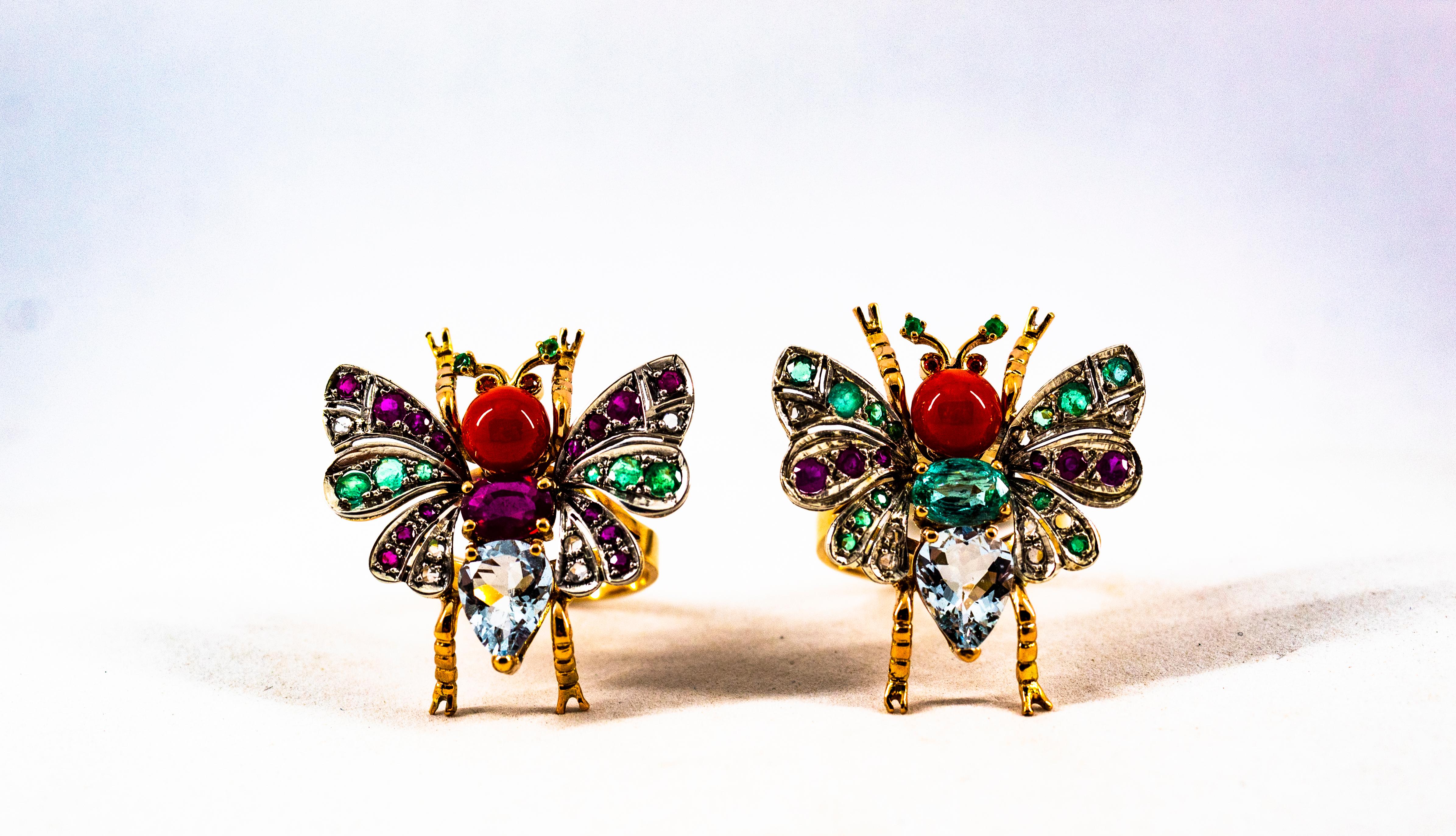 Art Nouveau White Diamond Emerald Ruby Aquamarine Red Coral Yellow Gold Ring For Sale 8