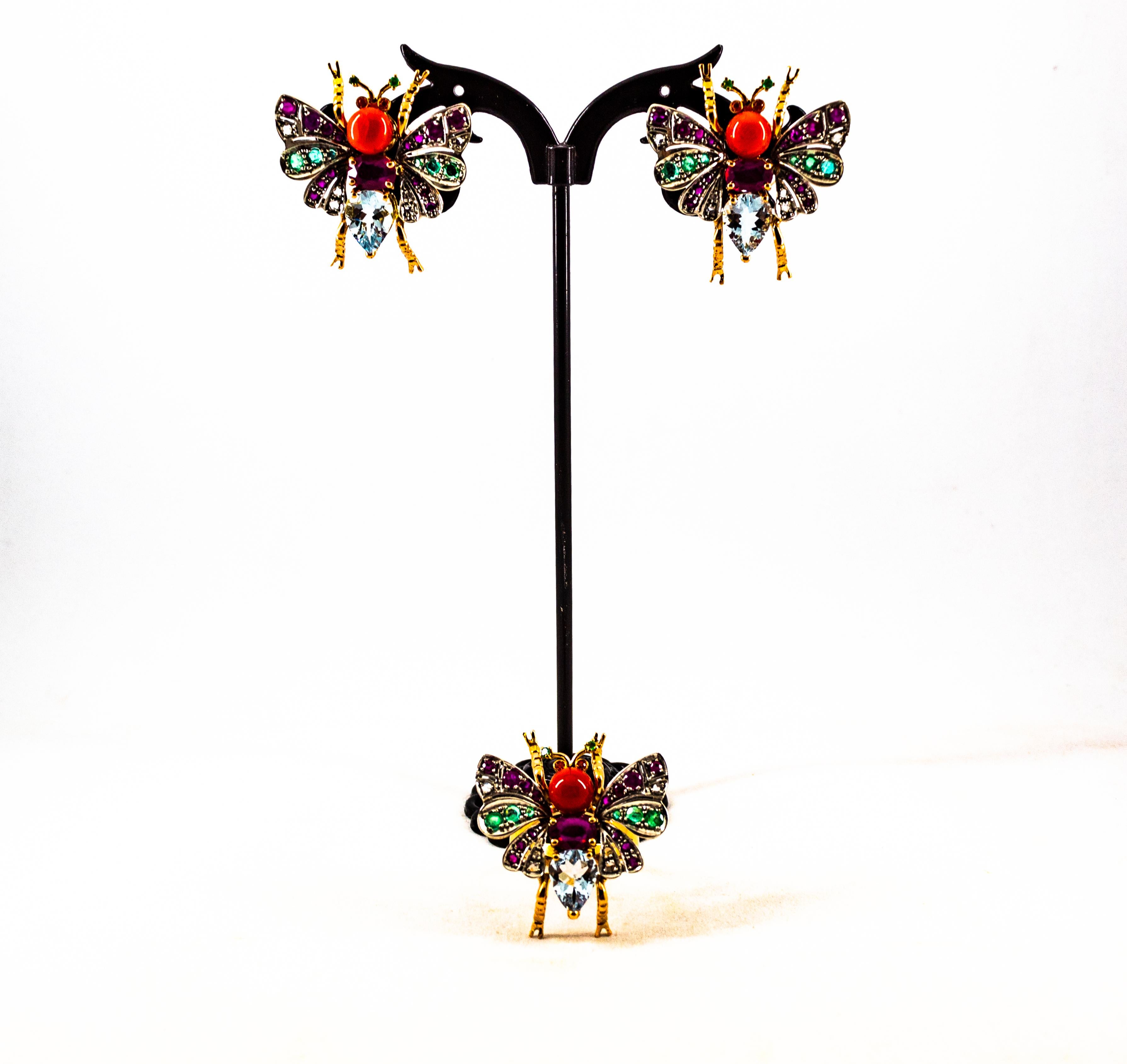 Art Nouveau White Diamond Emerald Ruby Aquamarine Red Coral Yellow Gold Ring For Sale 9