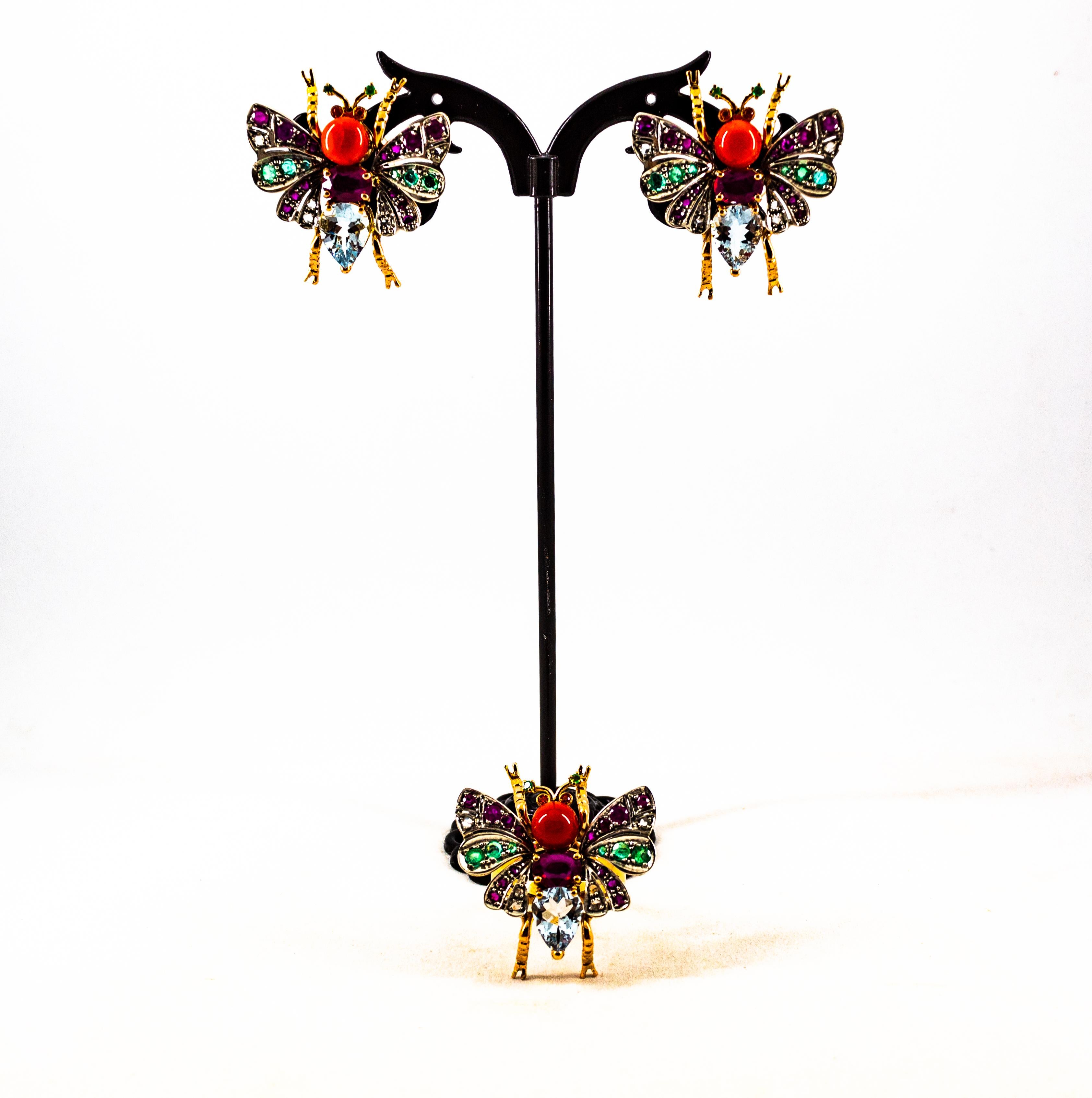Art Nouveau White Diamond Emerald Ruby Aquamarine Red Coral Yellow Gold Ring For Sale 10