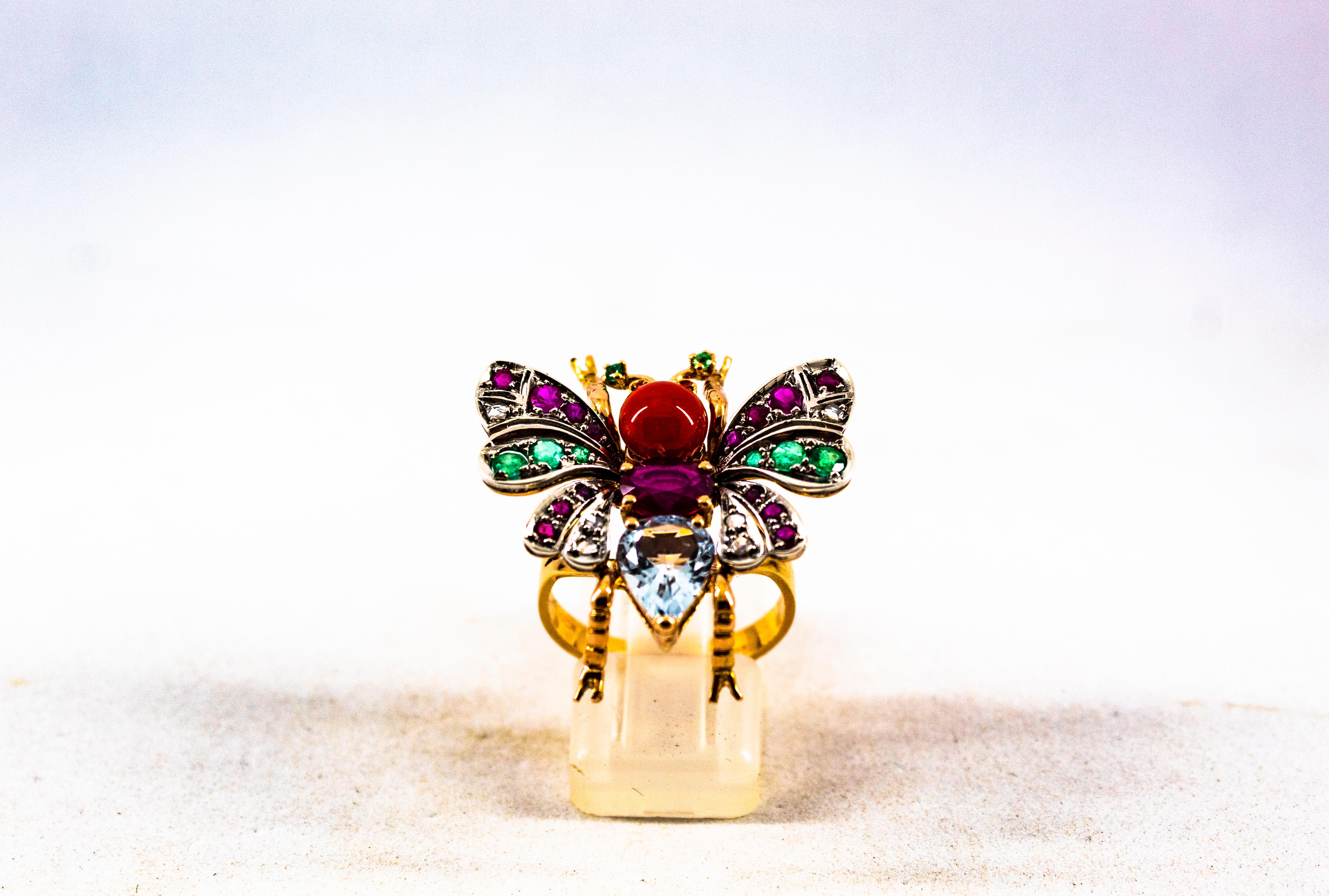 Rose Cut Art Nouveau White Diamond Emerald Ruby Aquamarine Red Coral Yellow Gold Ring For Sale