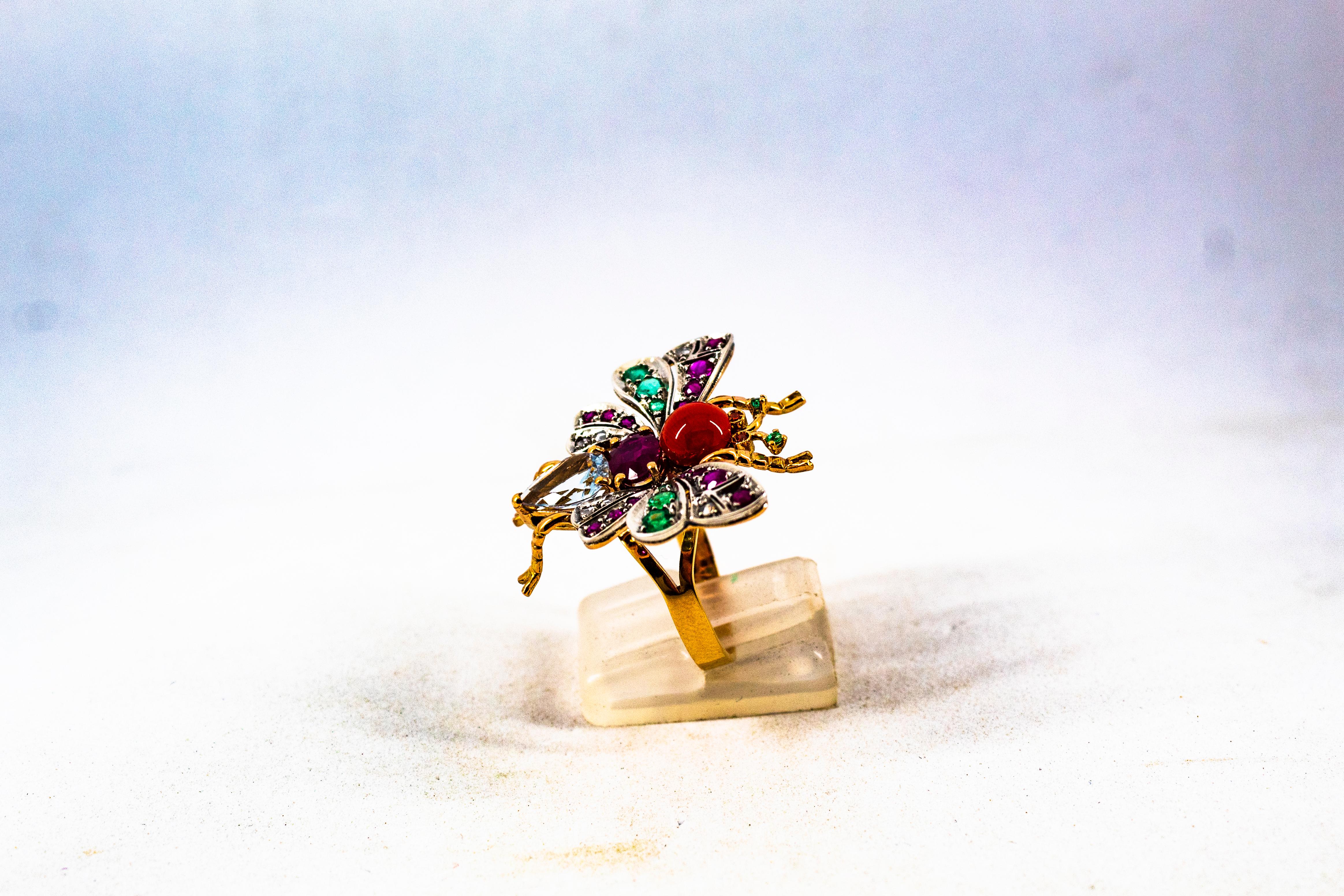 Women's or Men's Art Nouveau White Diamond Emerald Ruby Aquamarine Red Coral Yellow Gold Ring
