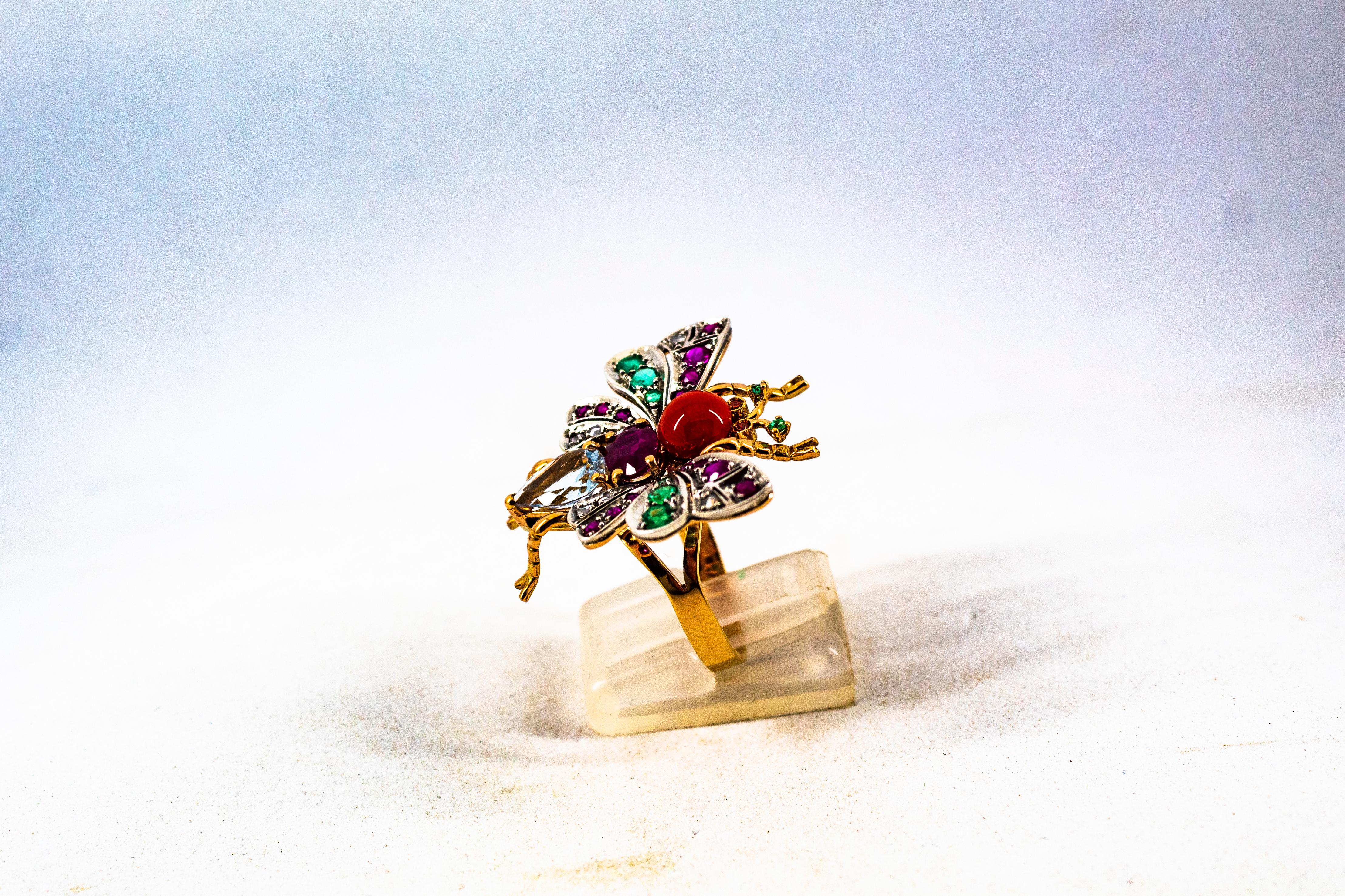 Art Nouveau White Diamond Emerald Ruby Aquamarine Red Coral Yellow Gold Ring For Sale 1