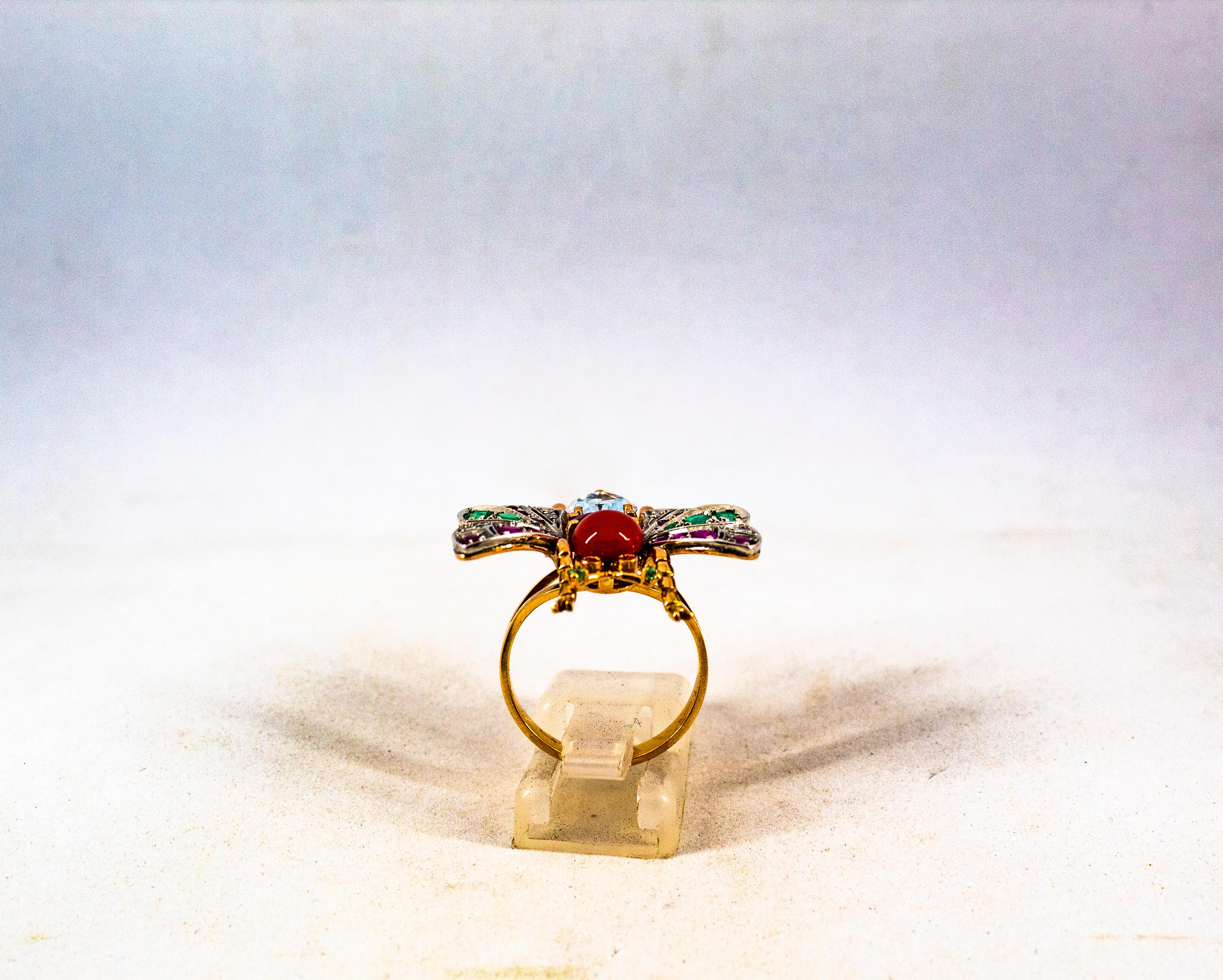 Art Nouveau White Diamond Emerald Ruby Aquamarine Red Coral Yellow Gold Ring 2