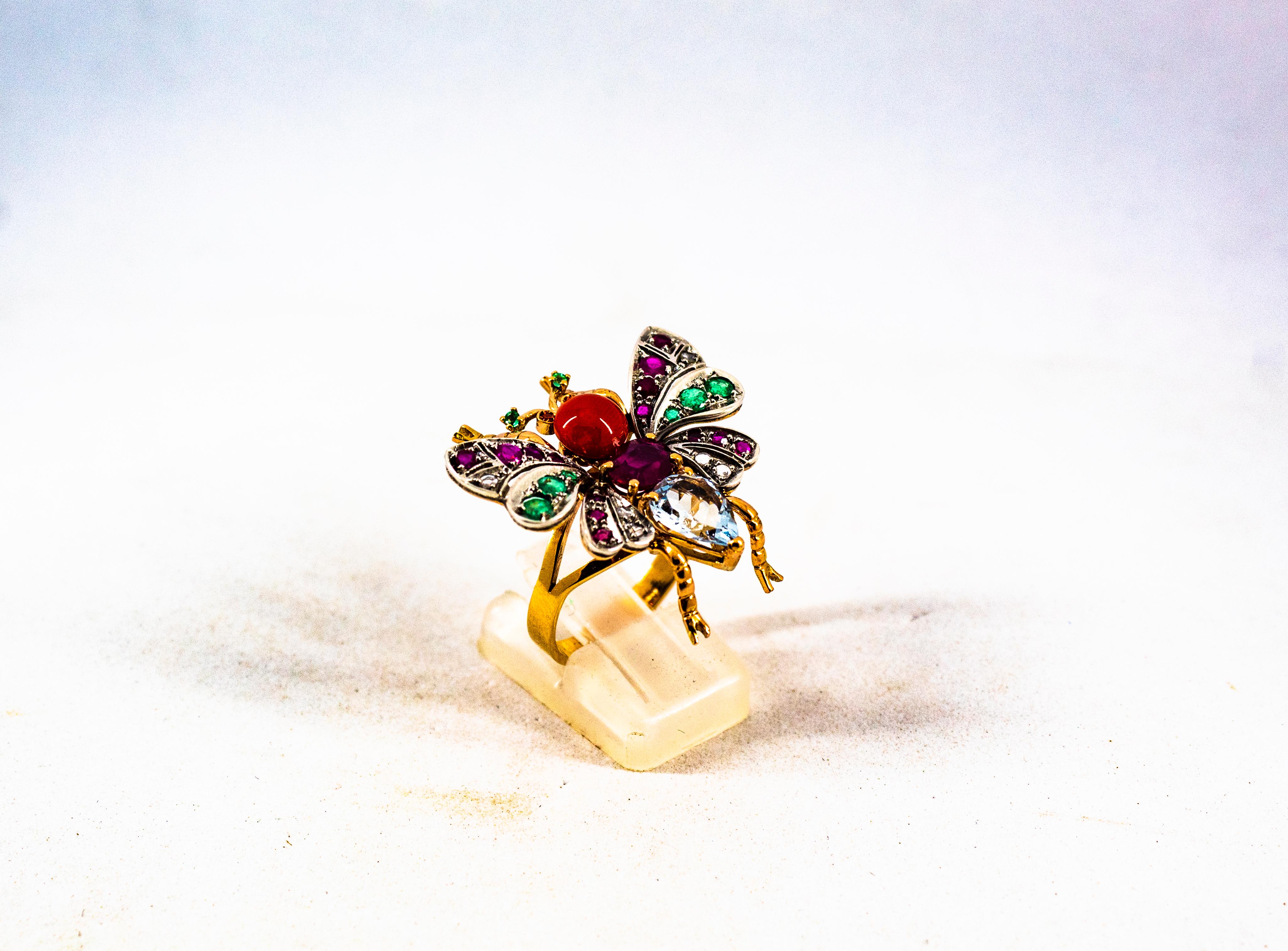 Art Nouveau White Diamond Emerald Ruby Aquamarine Red Coral Yellow Gold Ring For Sale 3