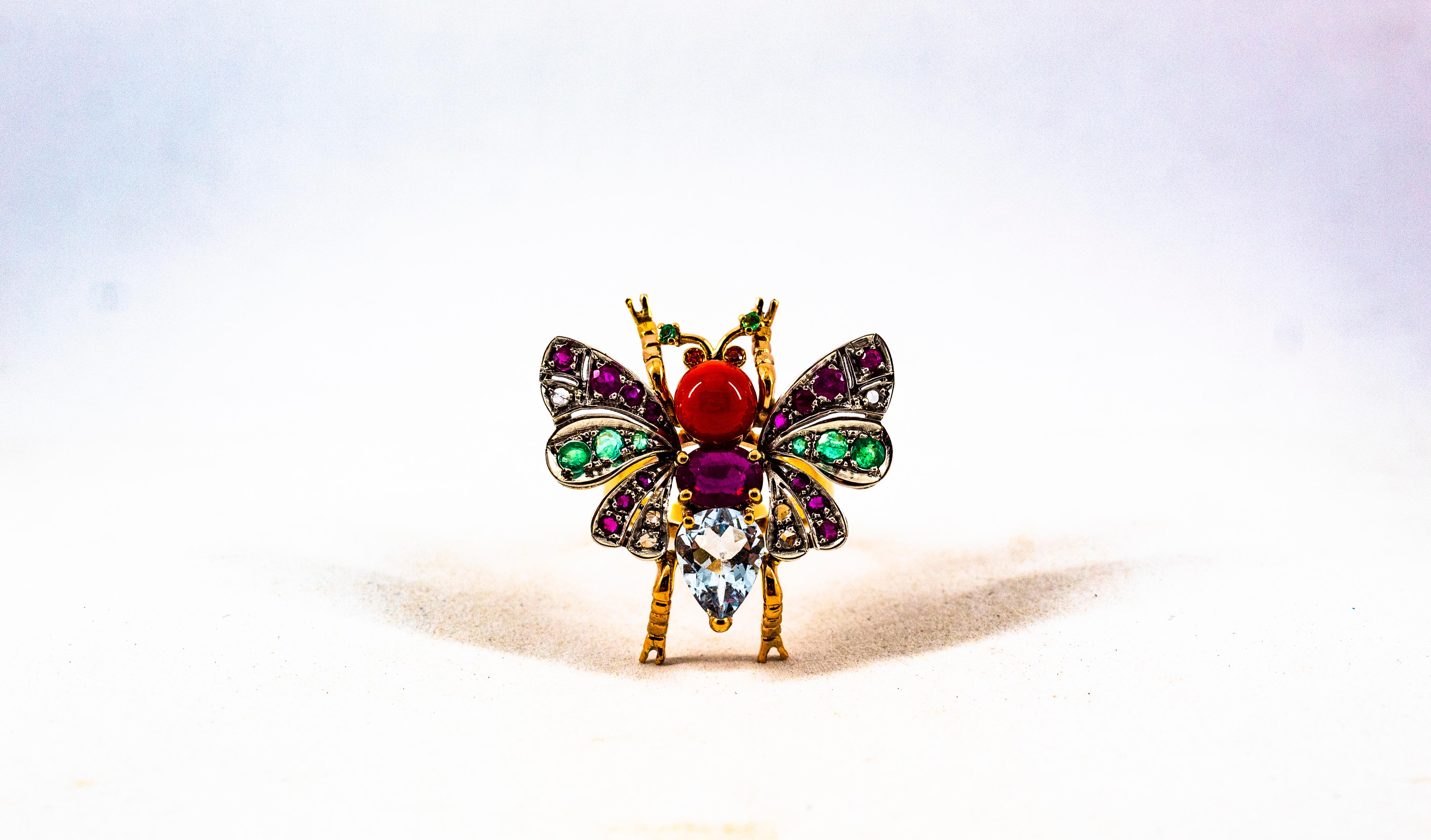 Art Nouveau White Diamond Emerald Ruby Aquamarine Red Coral Yellow Gold Ring For Sale 4