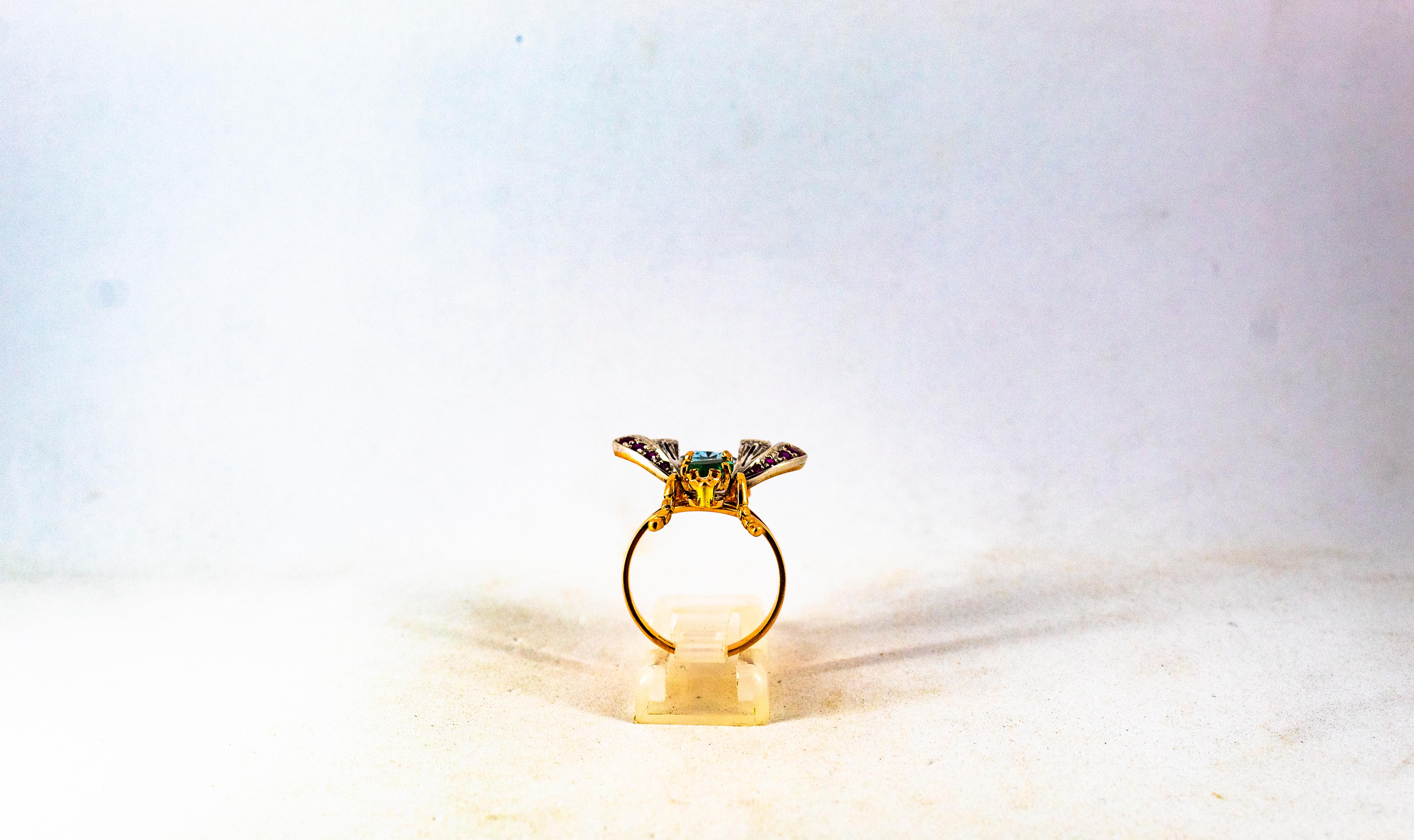 Art Nouveau White Diamond Emerald Ruby Aquamarine Yellow Gold Cocktail Ring For Sale 5