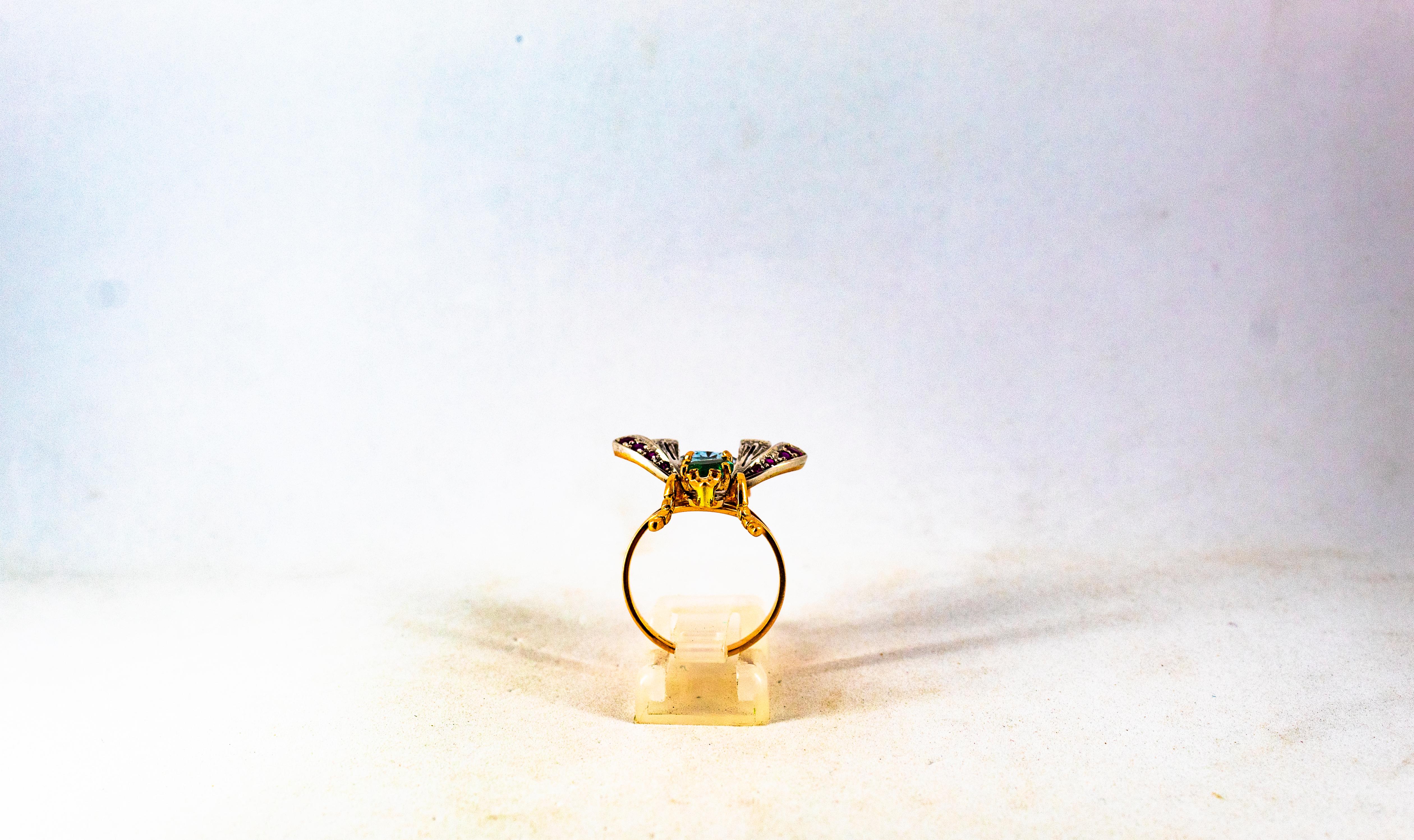 Art Nouveau Diamante Blanco Esmeralda Rubí Aguamarina Oro Amarillo Anillo de Cóctel 5