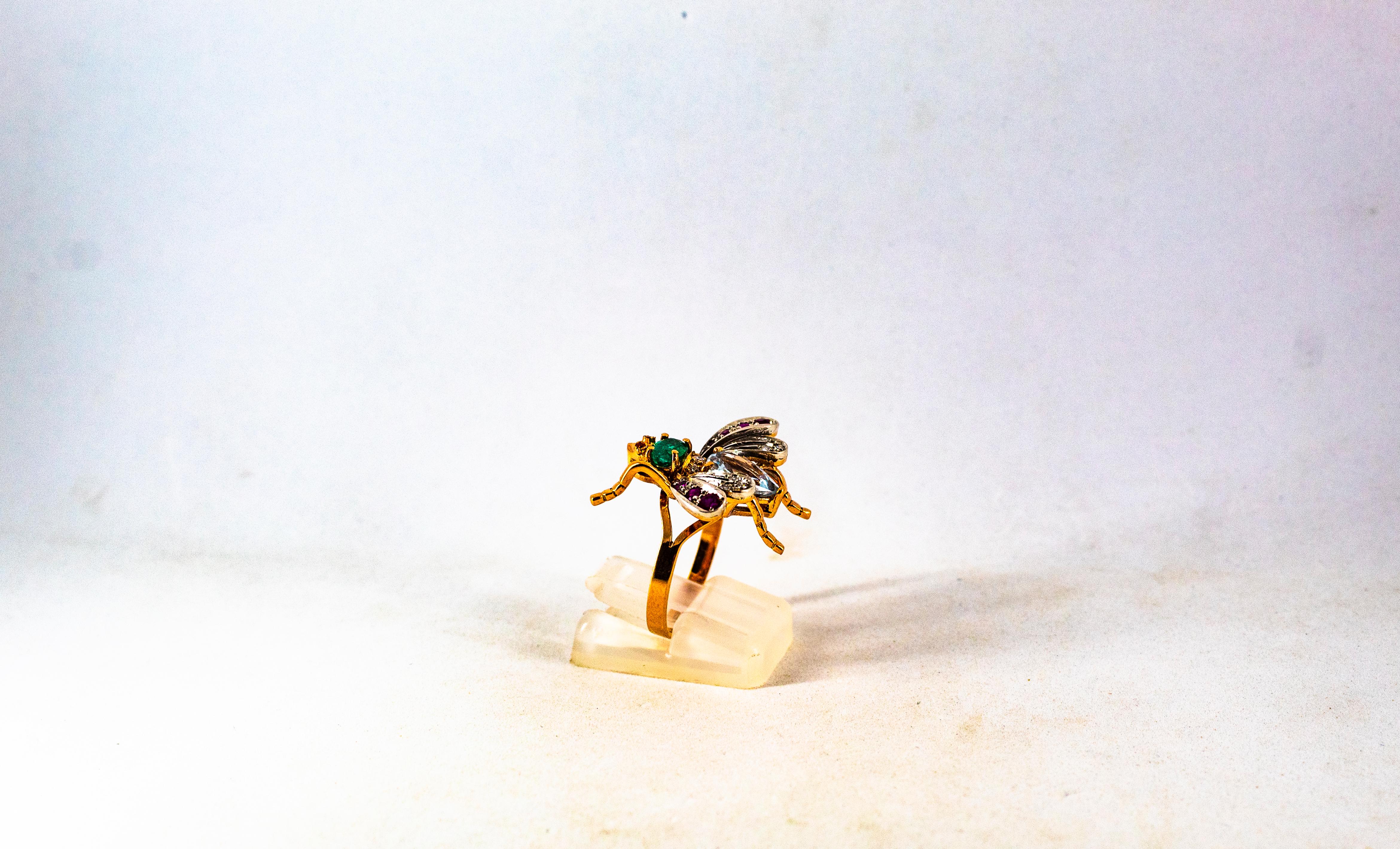 Art Nouveau White Diamond Emerald Ruby Aquamarine Yellow Gold Cocktail Ring 6