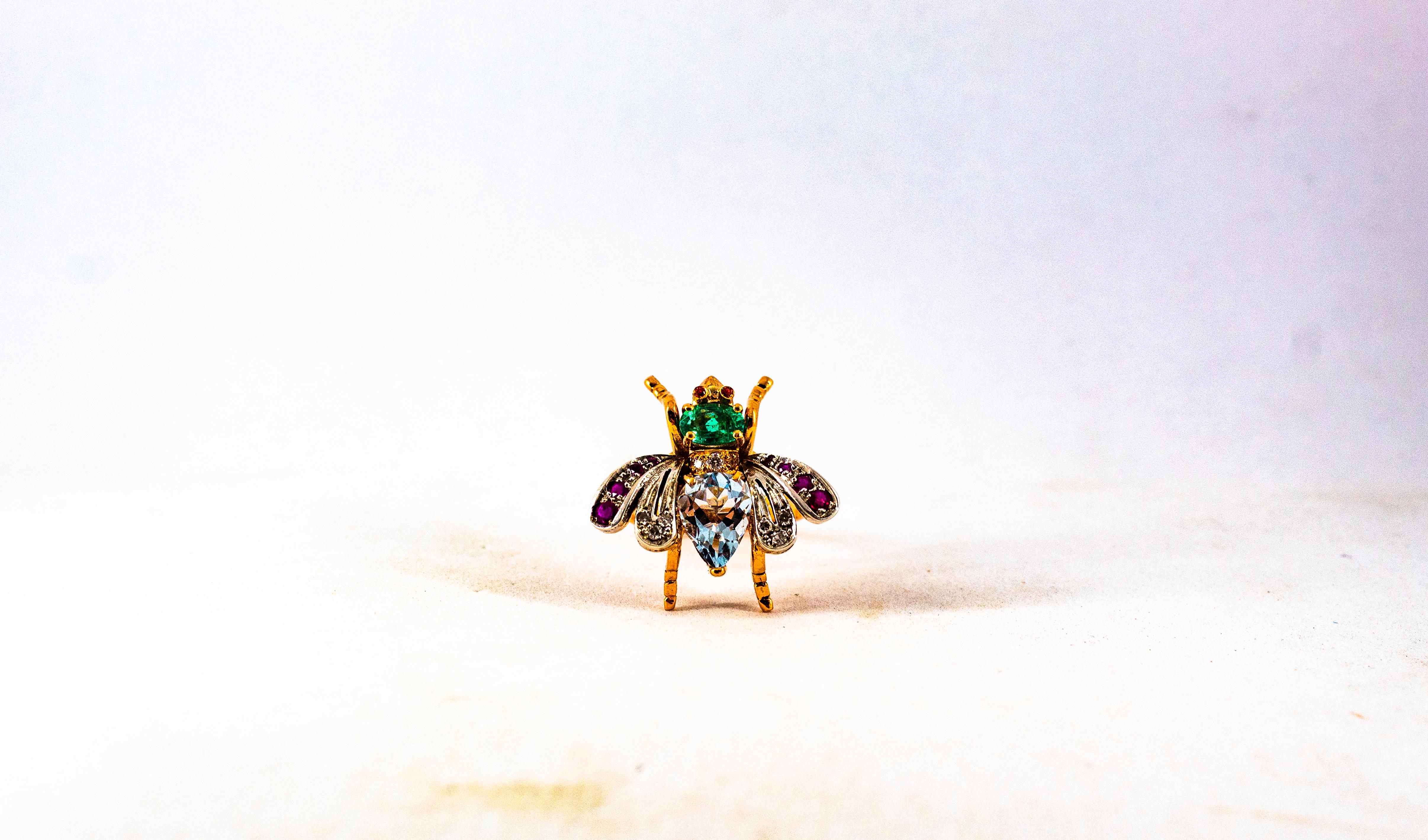 Art Nouveau White Diamond Emerald Ruby Aquamarine Yellow Gold Cocktail Ring 7