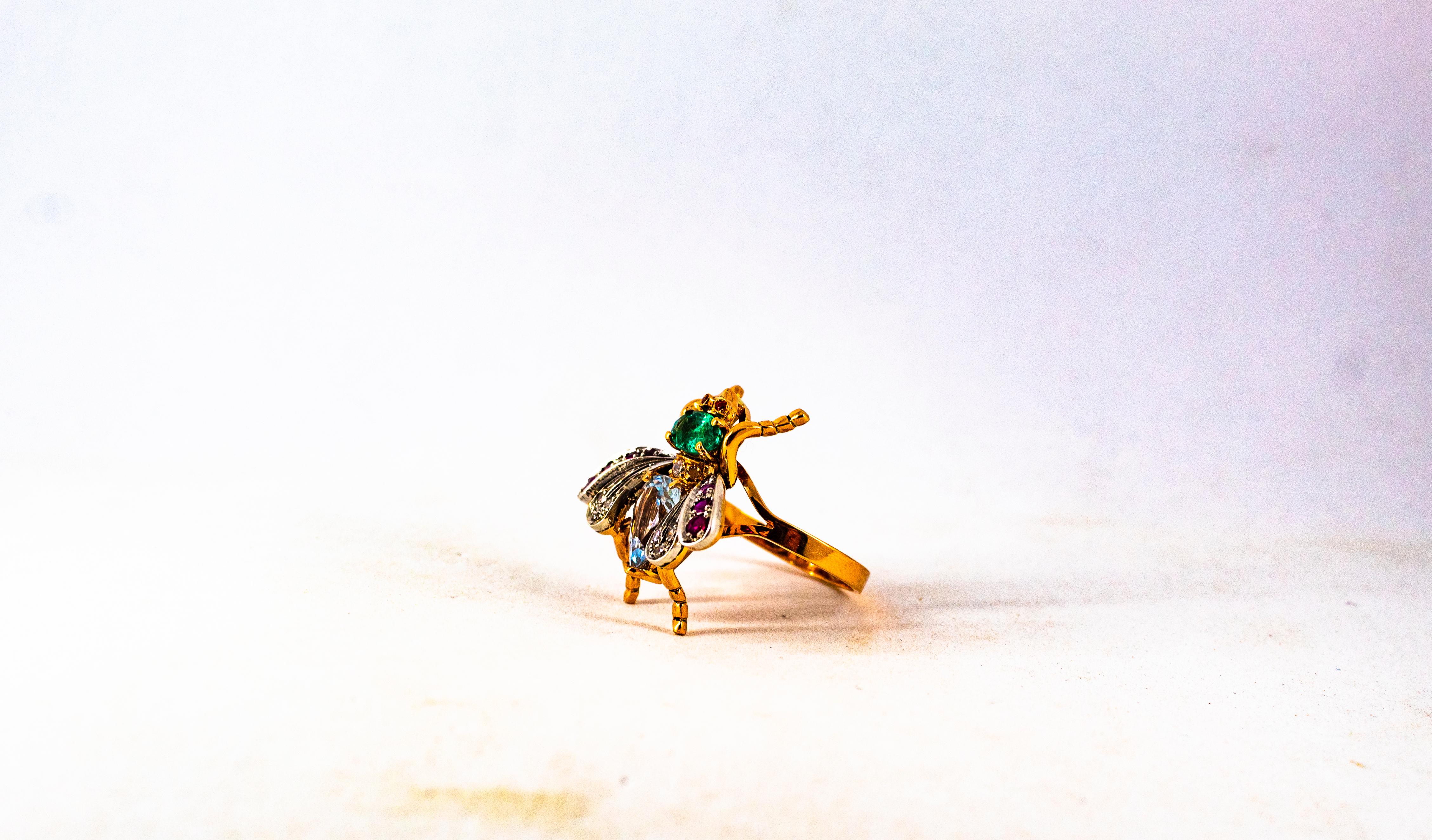 Art Nouveau White Diamond Emerald Ruby Aquamarine Yellow Gold Cocktail Ring 8