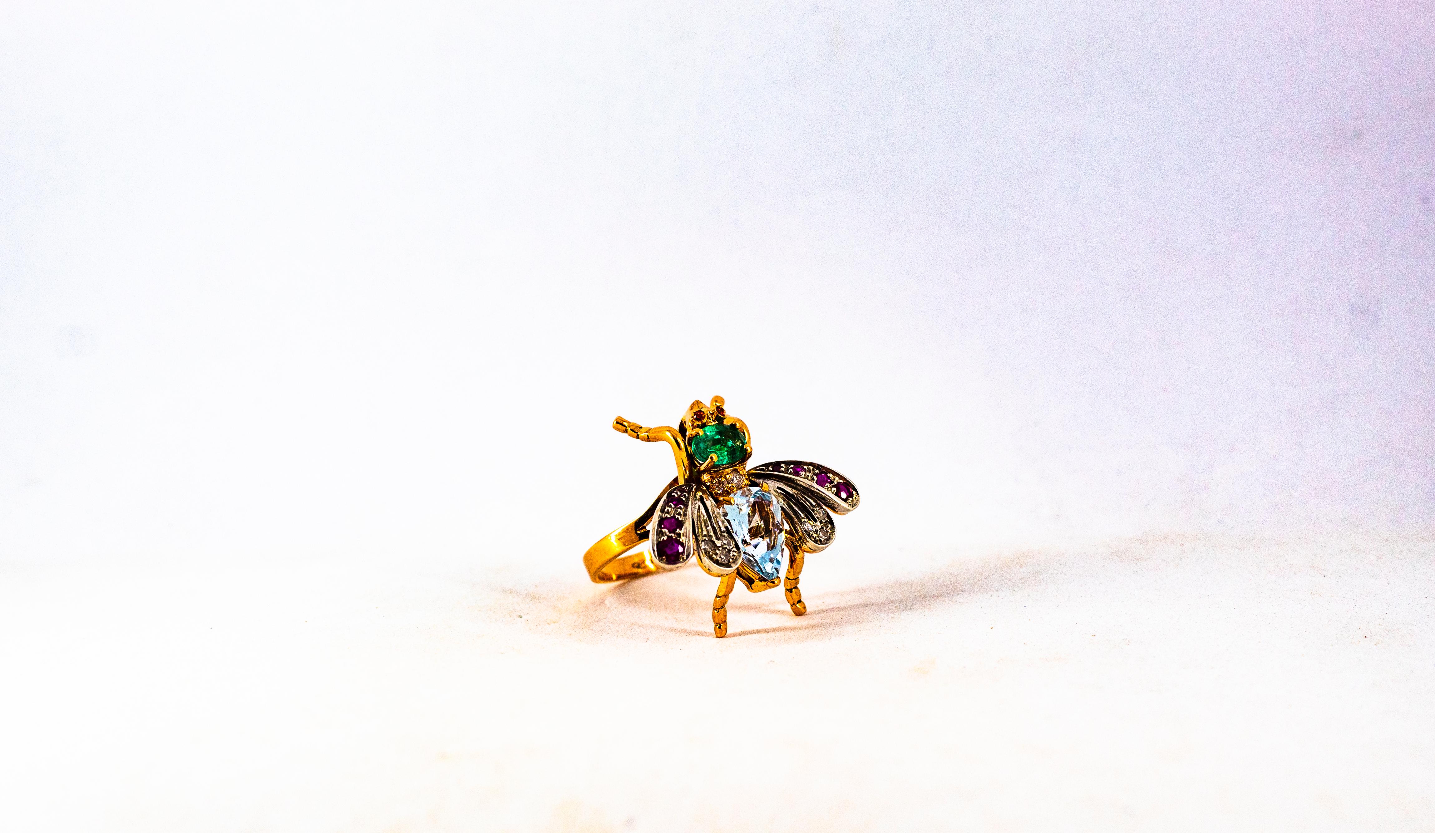 Art Nouveau White Diamond Emerald Ruby Aquamarine Yellow Gold Cocktail Ring 11