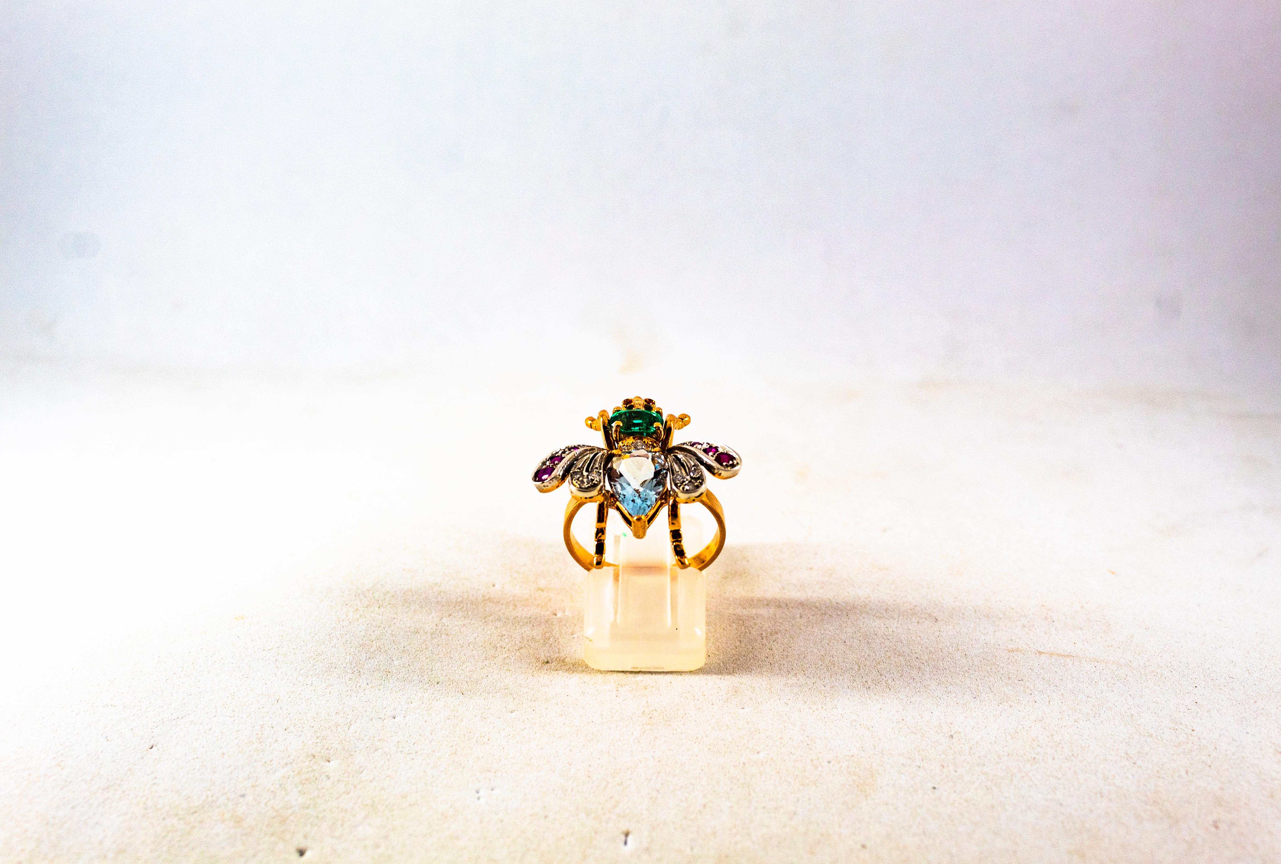 Brilliant Cut Art Nouveau White Diamond Emerald Ruby Aquamarine Yellow Gold Cocktail Ring For Sale