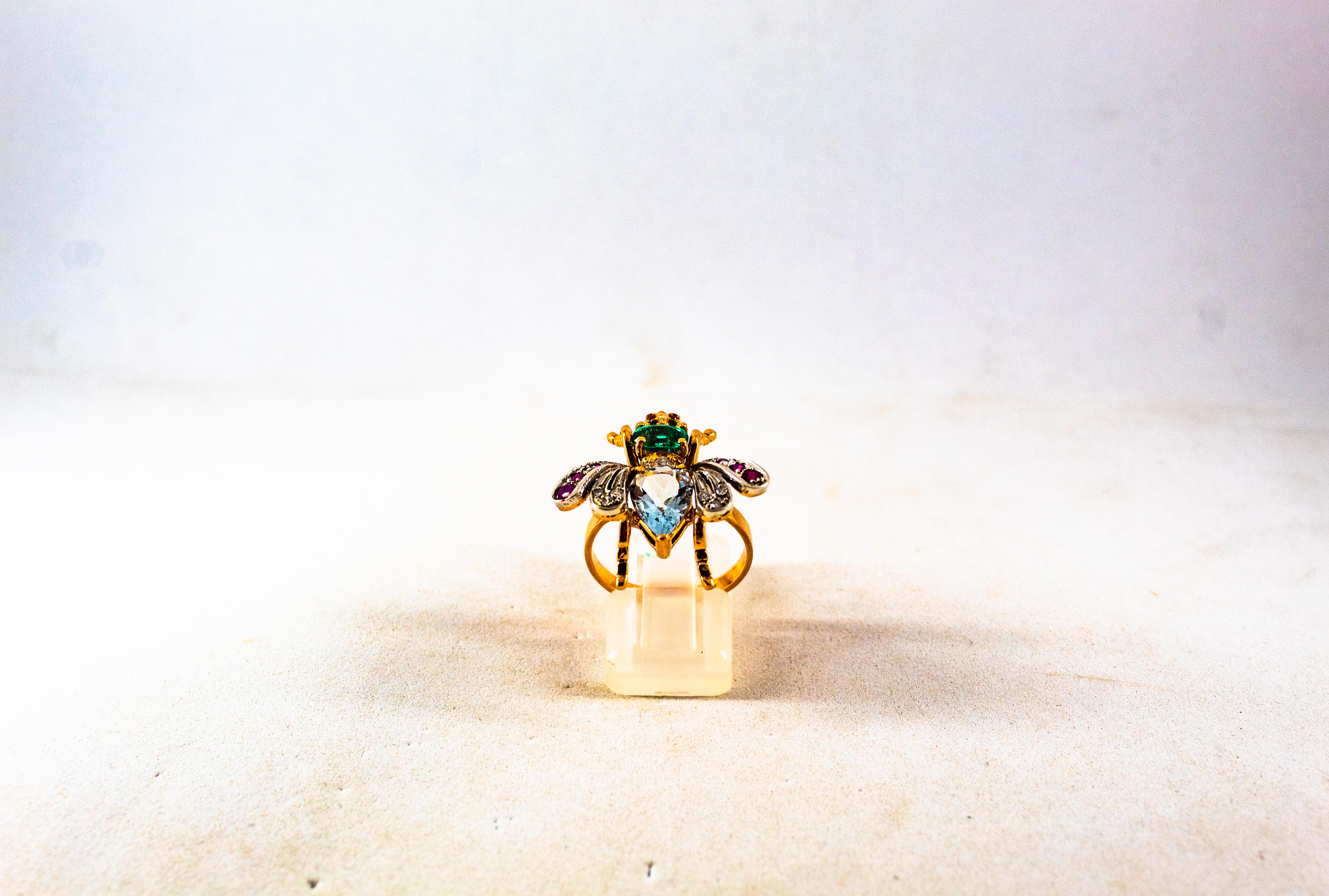Art Nouveau Diamante Blanco Esmeralda Rubí Aguamarina Oro Amarillo Anillo de Cóctel Corte brillante