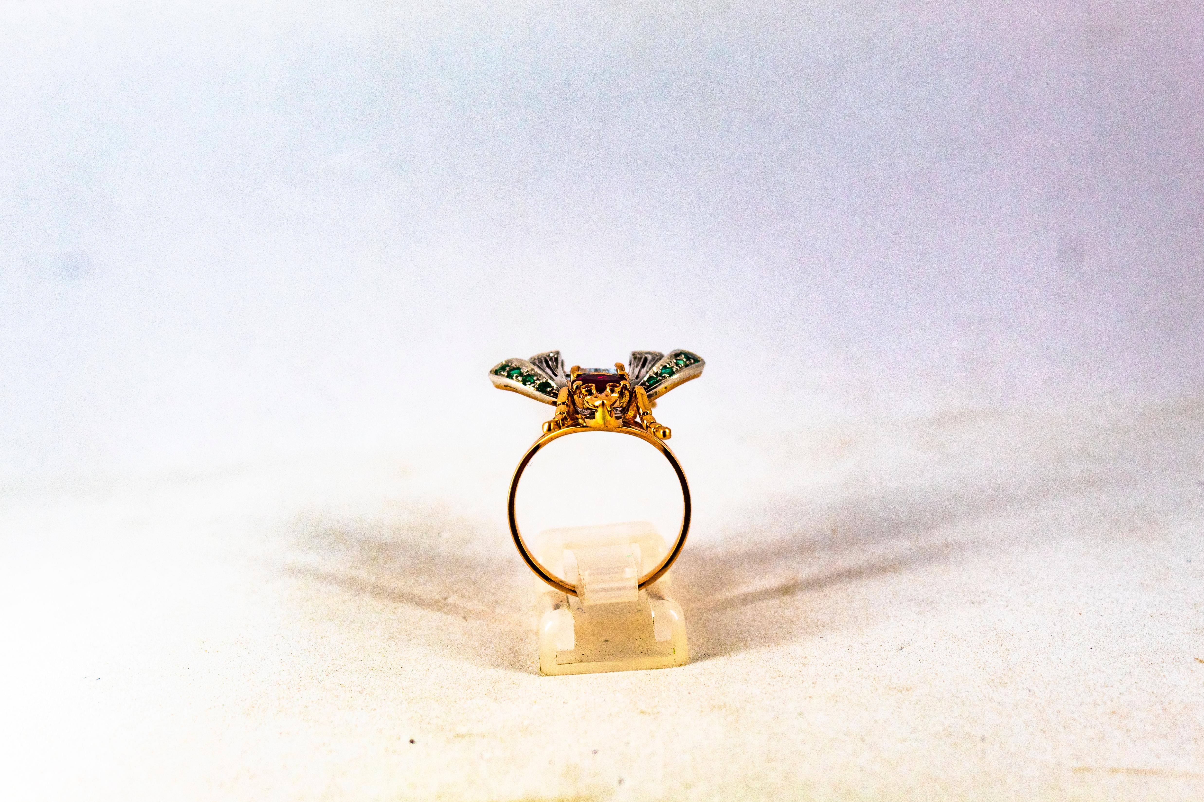 Women's or Men's Art Nouveau White Diamond Emerald Ruby Aquamarine Yellow Gold Cocktail Ring