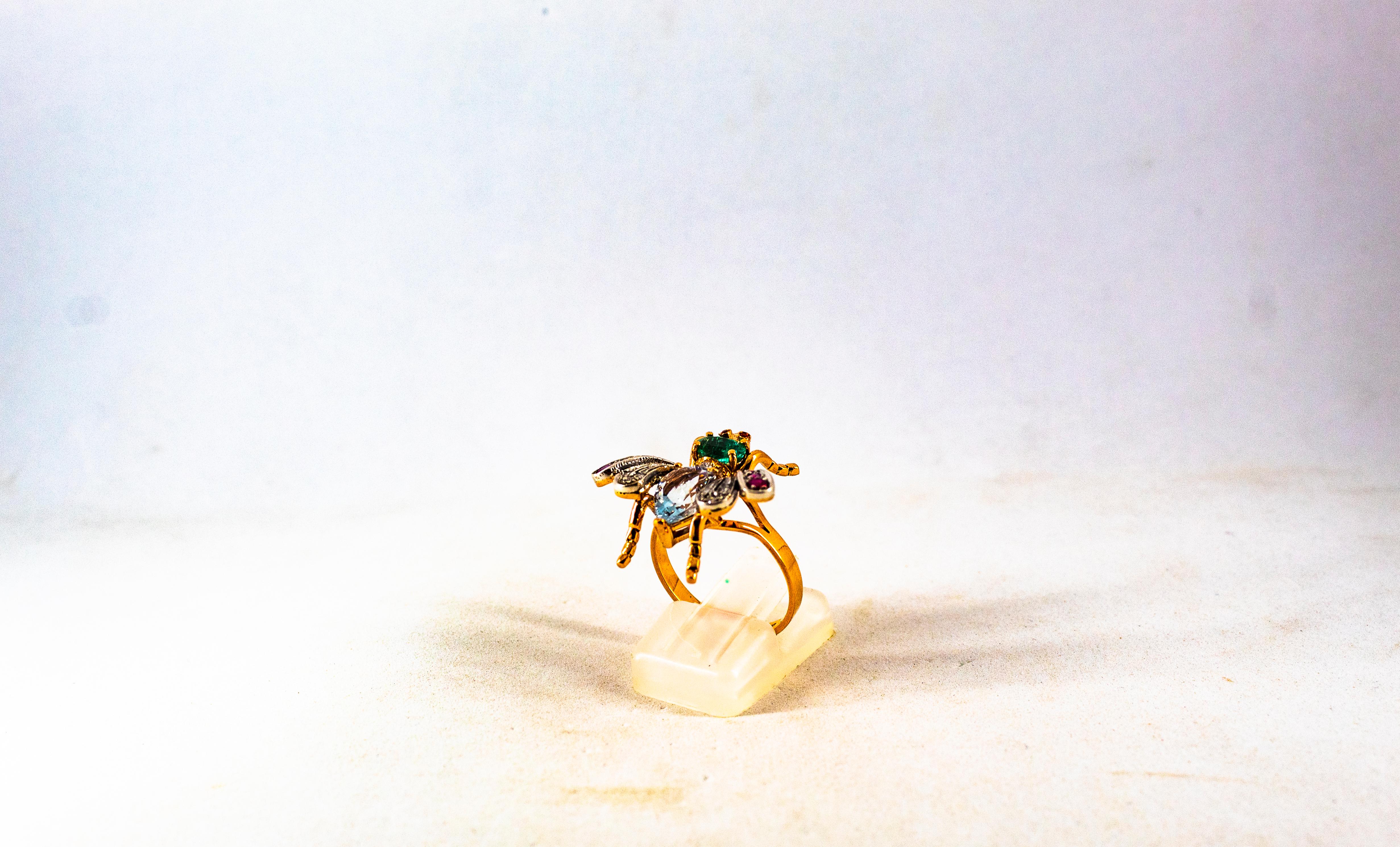 Women's or Men's Art Nouveau White Diamond Emerald Ruby Aquamarine Yellow Gold Cocktail Ring For Sale
