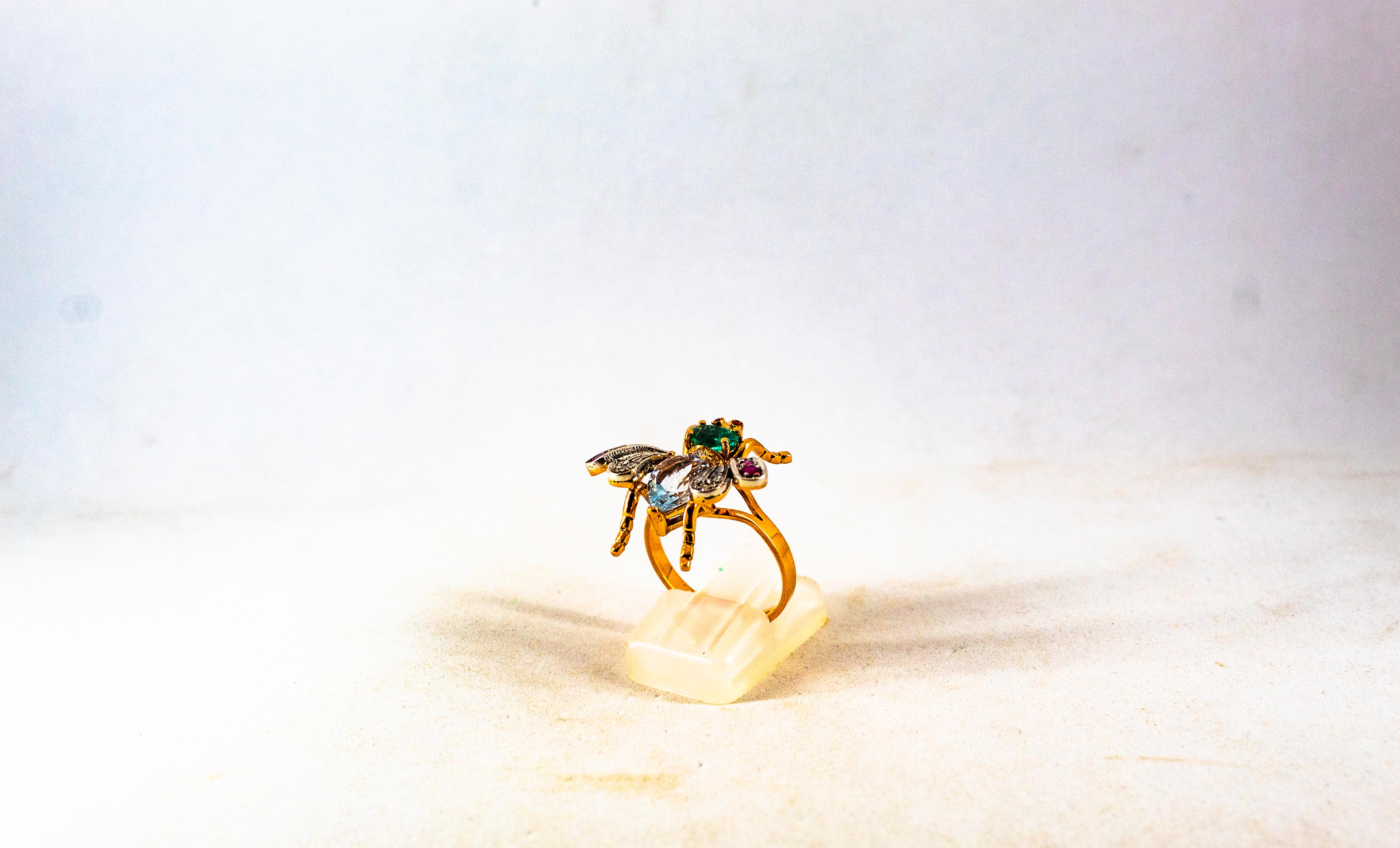 Art Nouveau White Diamond Emerald Ruby Aquamarine Yellow Gold Cocktail Ring 1
