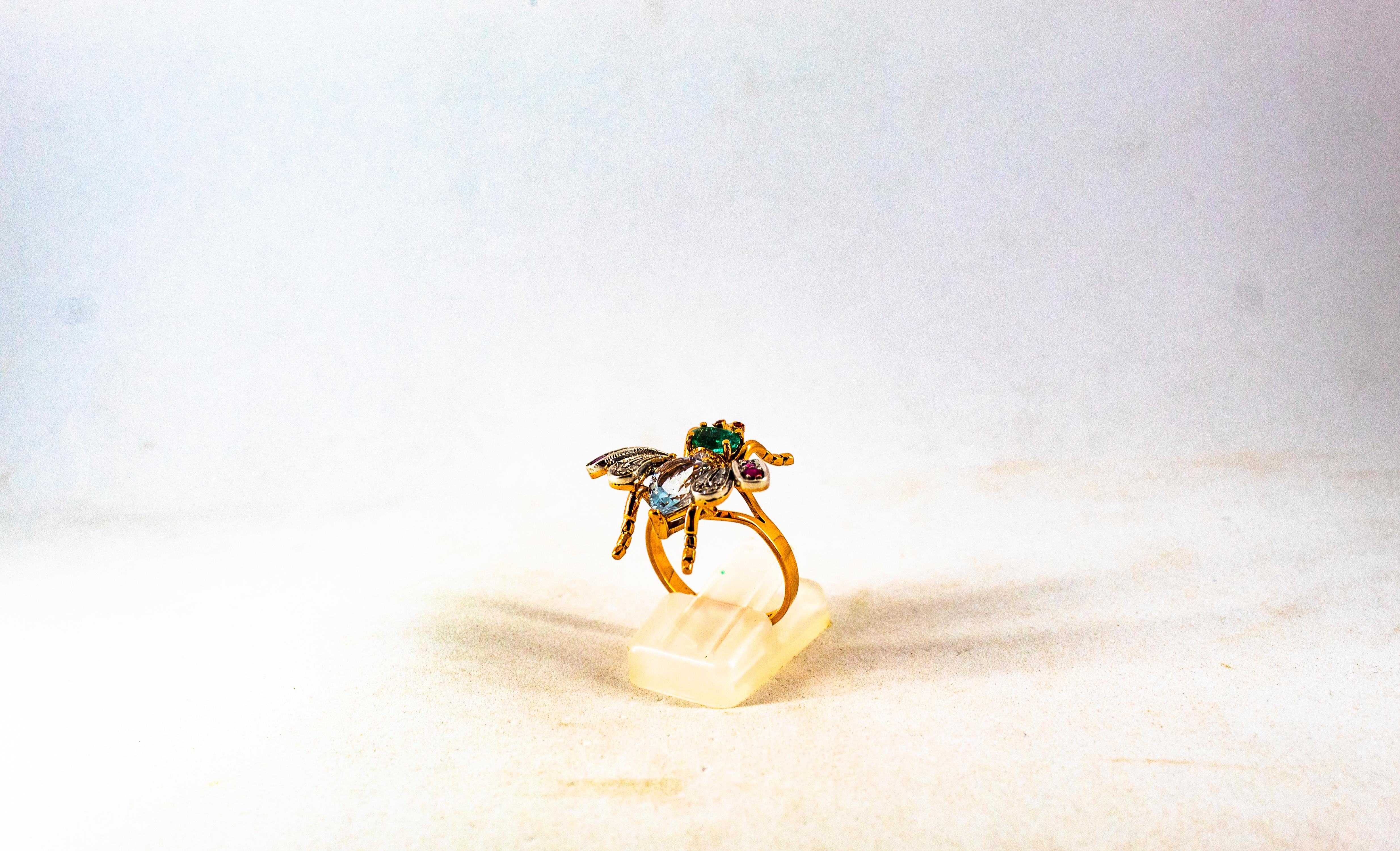 Art Nouveau White Diamond Emerald Ruby Aquamarine Yellow Gold Cocktail Ring For Sale 2