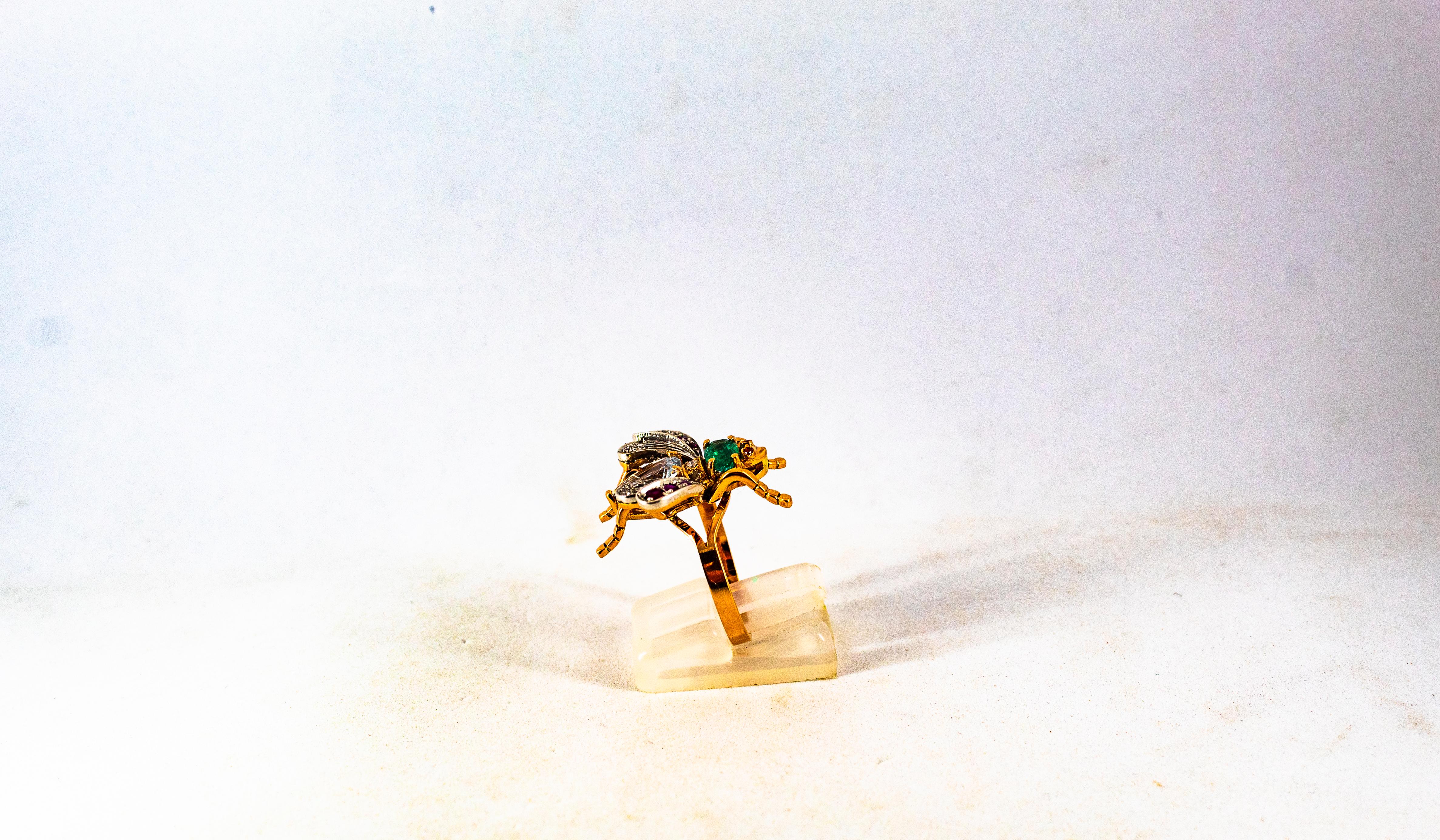 Art Nouveau White Diamond Emerald Ruby Aquamarine Yellow Gold Cocktail Ring 3