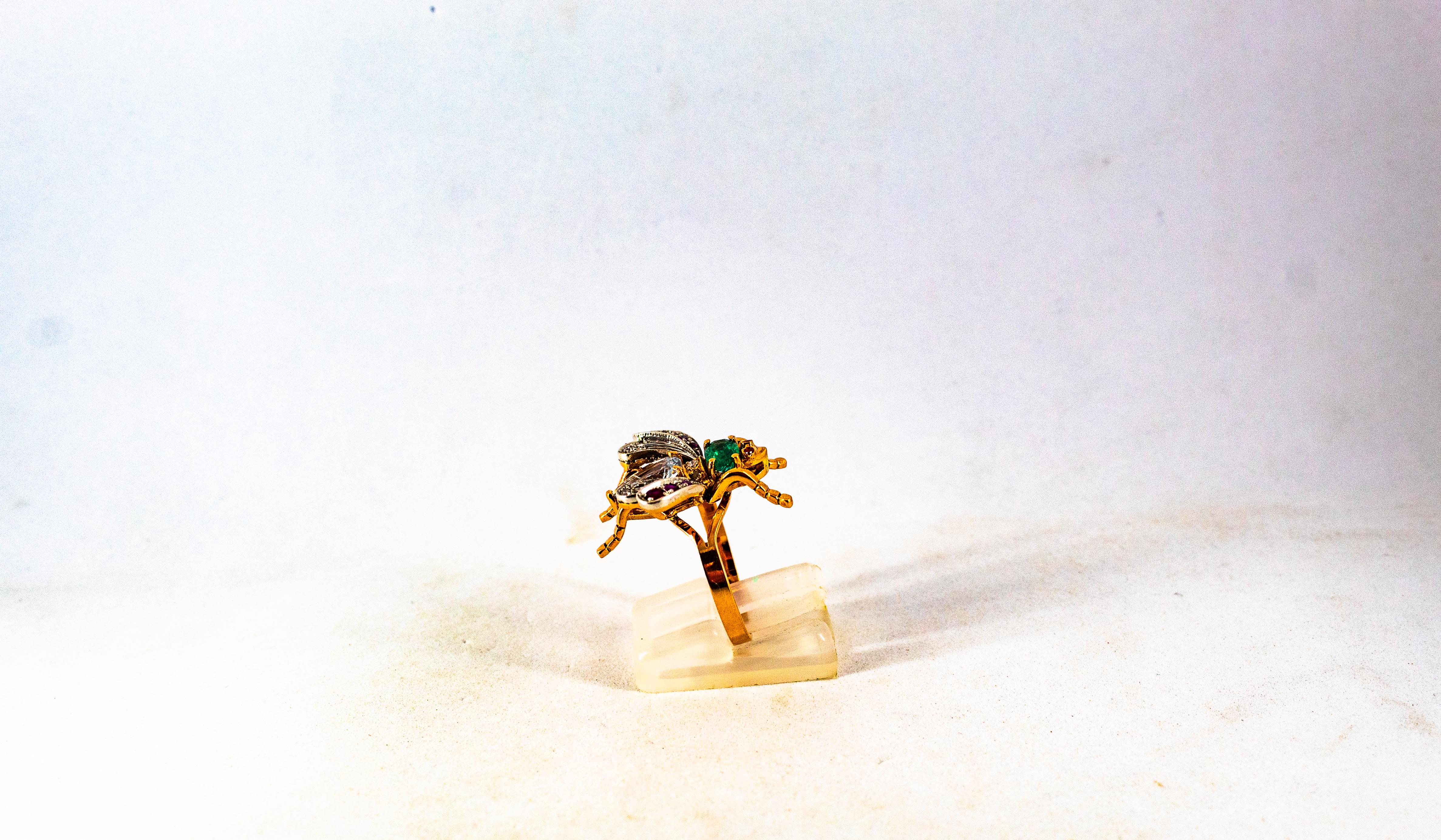 Art Nouveau Diamante Blanco Esmeralda Rubí Aguamarina Oro Amarillo Anillo de Cóctel 3