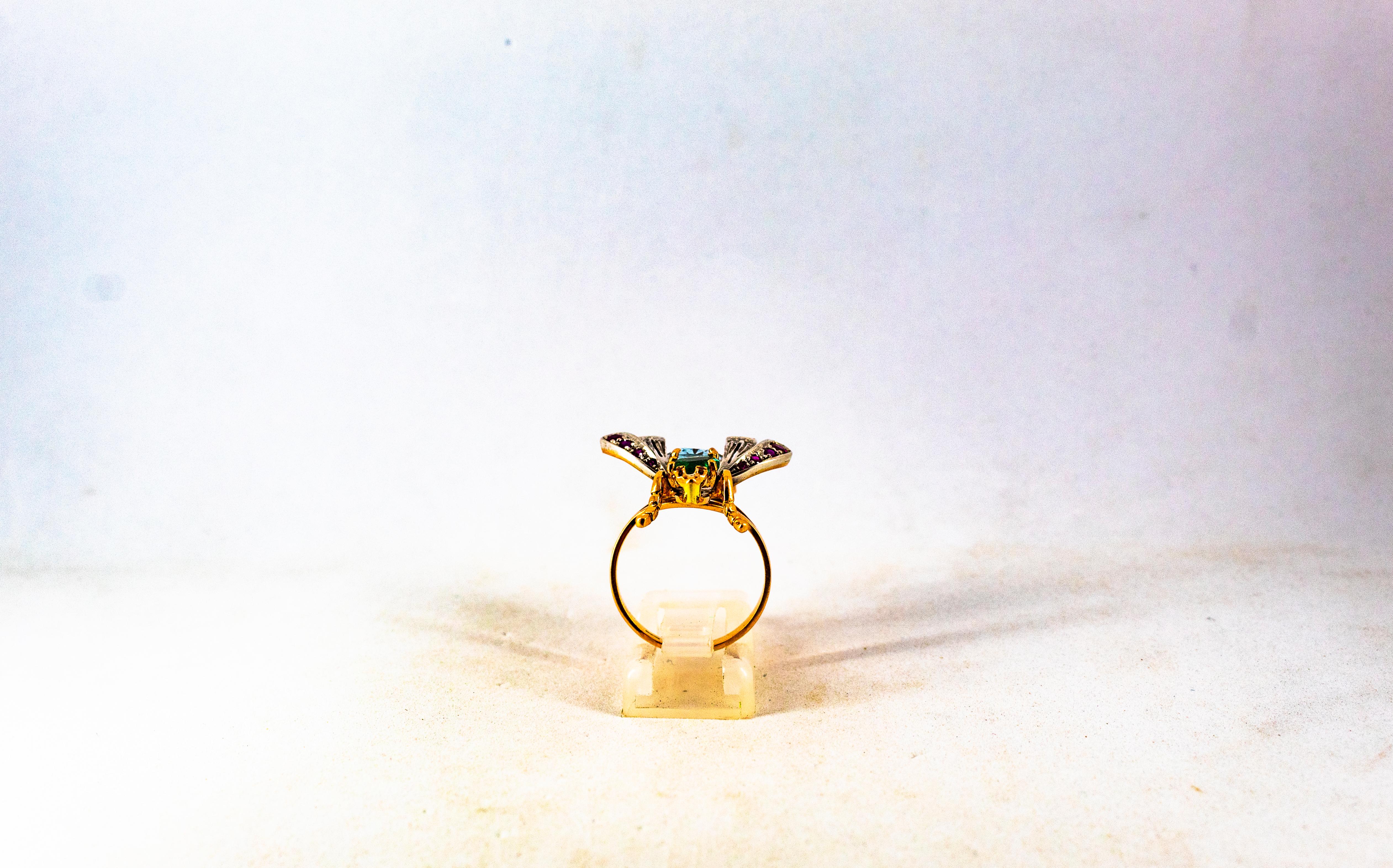 Art Nouveau Diamante Blanco Esmeralda Rubí Aguamarina Oro Amarillo Anillo de Cóctel 4