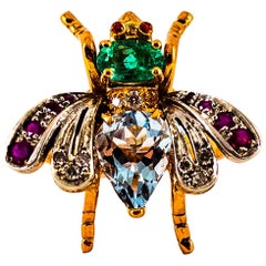 Art Nouveau White Diamond Emerald Ruby Aquamarine Yellow Gold Cocktail Ring