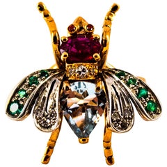 Art Nouveau White Diamond Emerald Ruby Aquamarine Yellow Gold Cocktail Ring