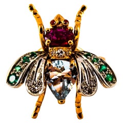Jugendstil-Cocktailring, weißer Diamant, Smaragd, Rubin, Aquamarin, Gelbgold