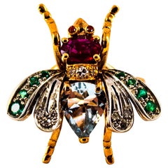 Art Nouveau White Diamond Emerald Ruby Aquamarine Yellow Gold Cocktail Ring