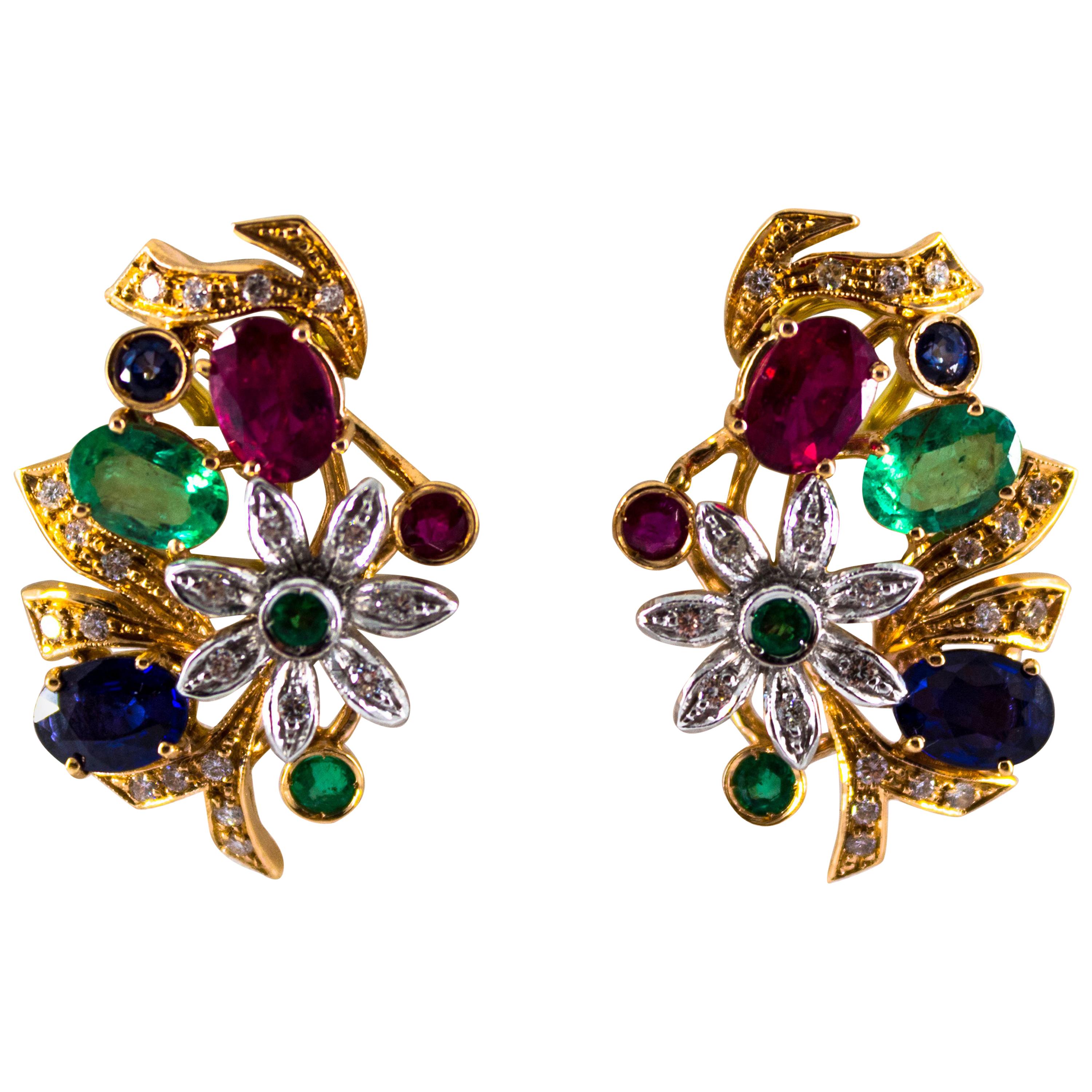 Art Nouveau White Diamond Emerald Ruby Blue Sapphire Yellow Gold Dangle Earrings