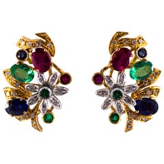 Art Nouveau White Diamond Emerald Ruby Blue Sapphire Yellow Gold Dangle Earrings
