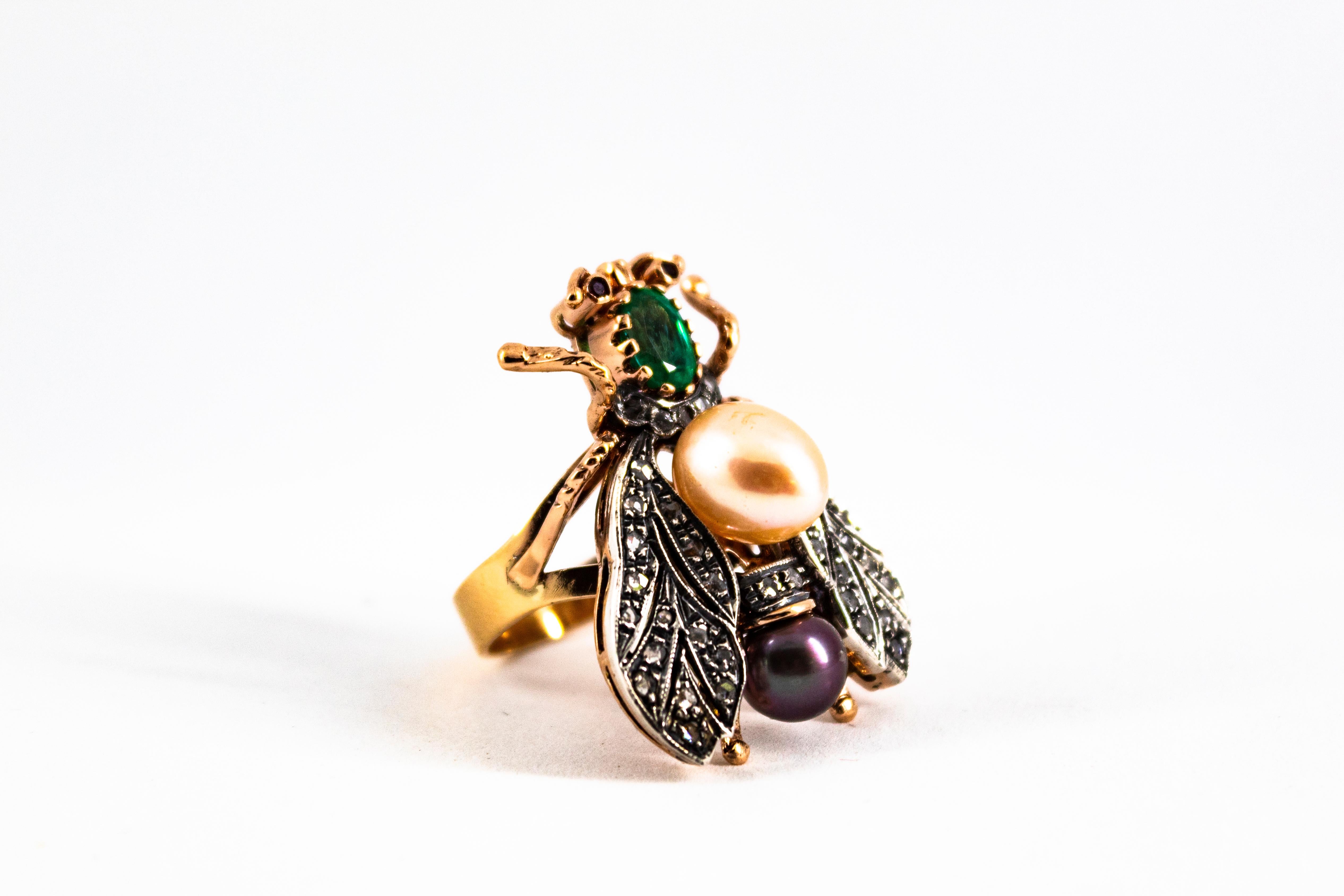 Art Nouveau White Diamond Emerald Ruby Pearl Yellow Gold Cocktail 