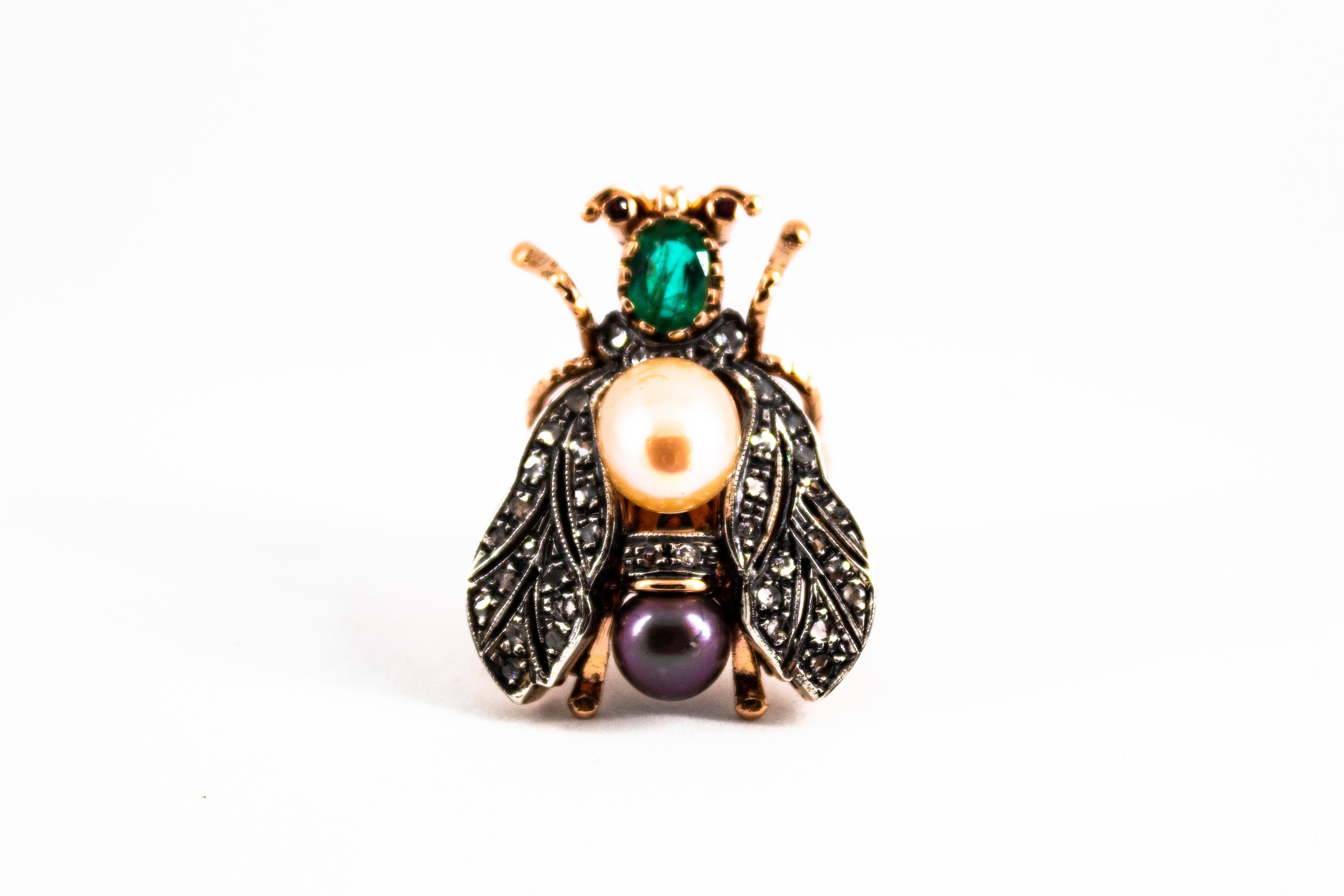 Art Nouveau White Diamond Emerald Ruby Pearl Yellow Gold Cocktail 