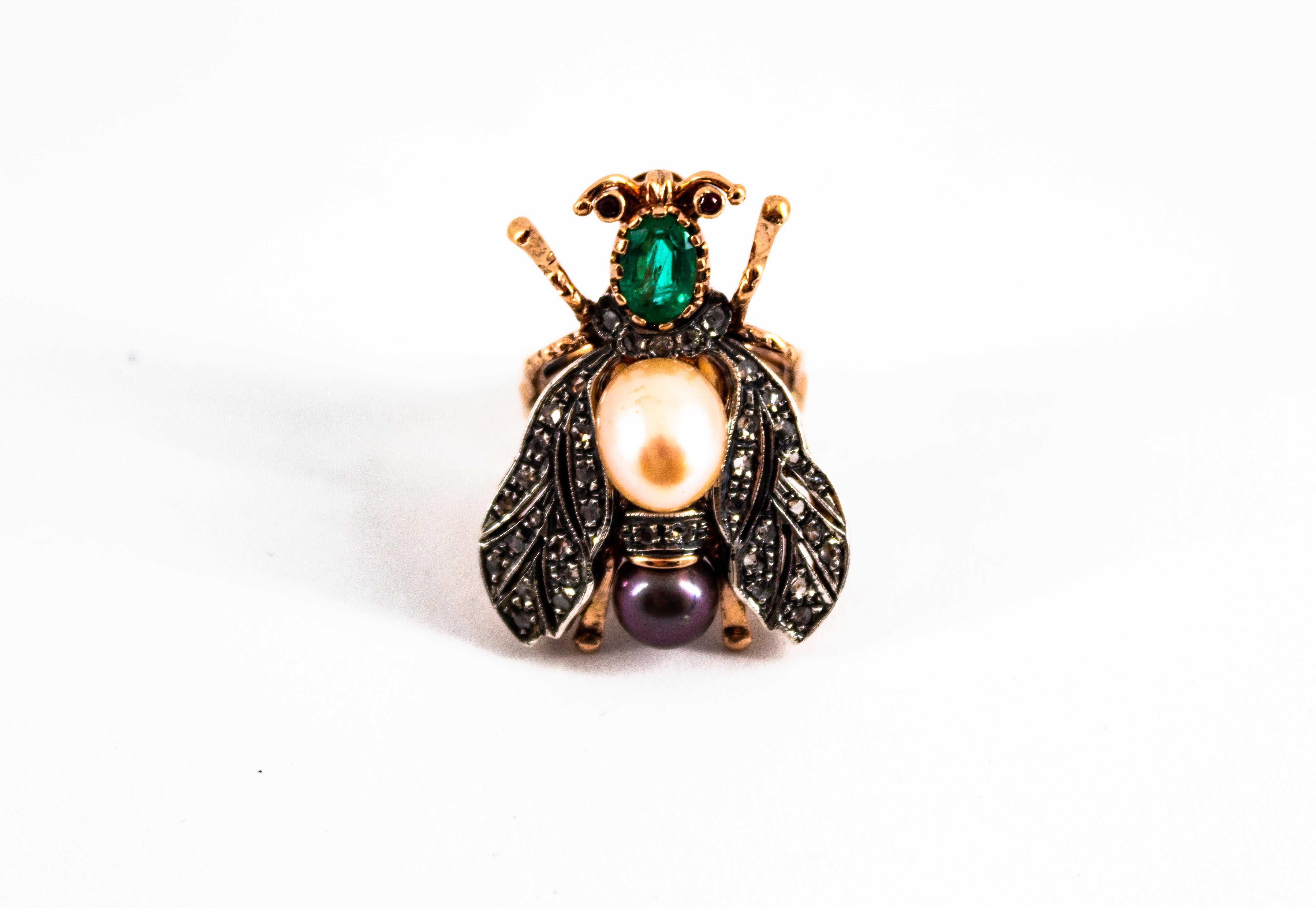 Art Nouveau White Diamond Emerald Ruby Pearl Yellow Gold Cocktail 