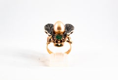 Art Nouveau White Diamond Emerald Ruby Pearl Yellow Gold Cocktail "Cicada" Ring