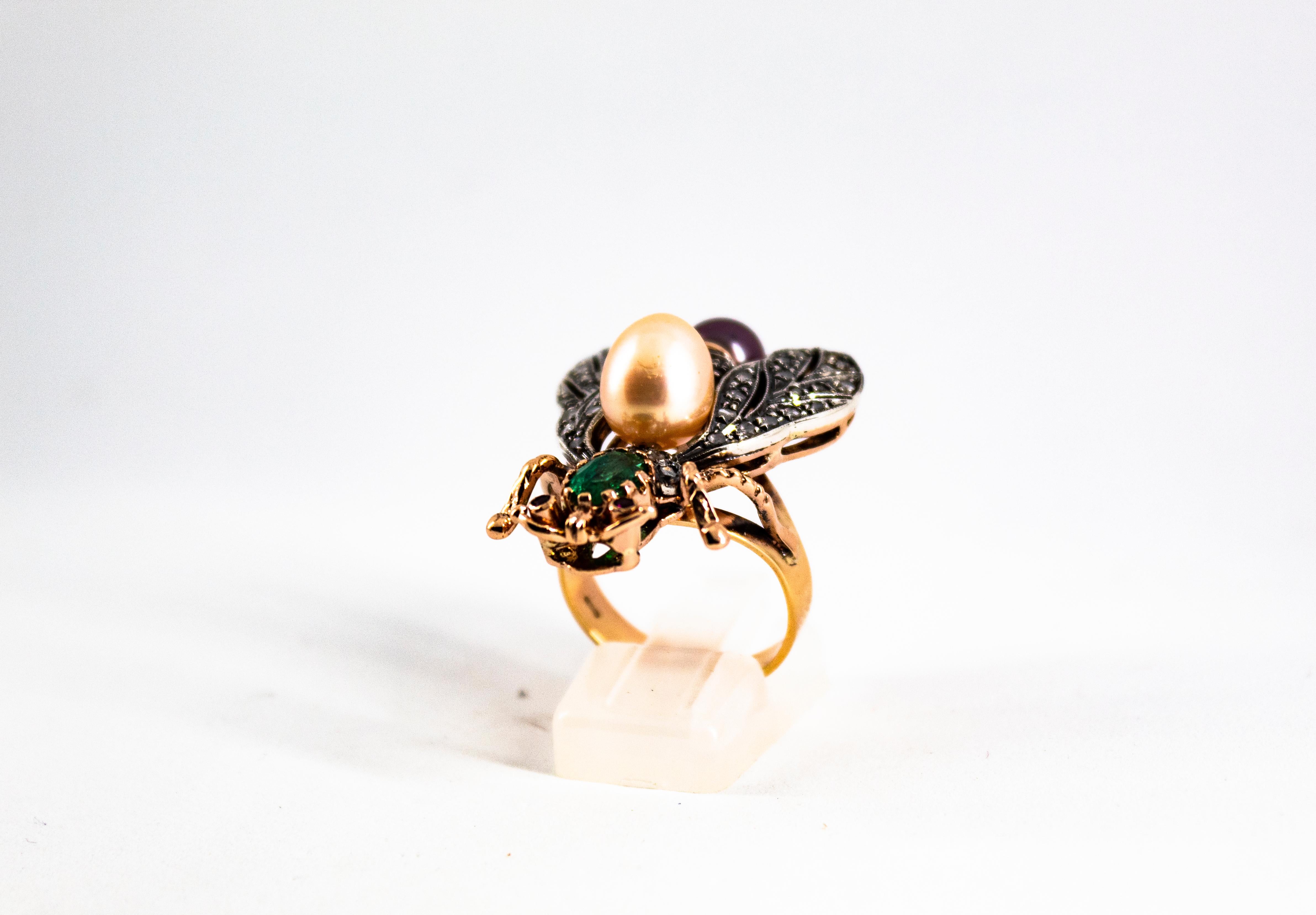 Rose Cut Art Nouveau White Diamond Emerald Ruby Pearl Yellow Gold Cocktail 