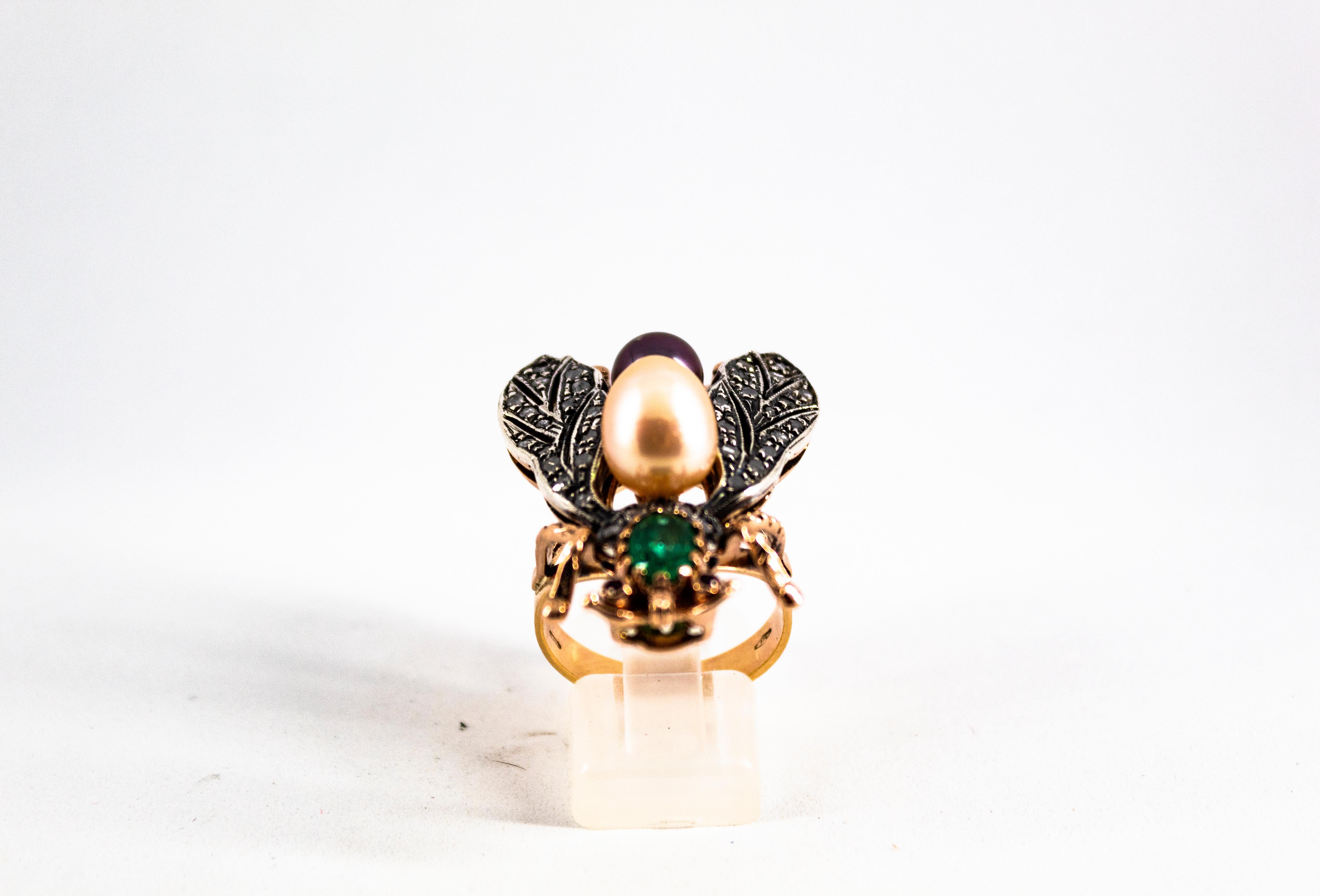 Art Nouveau White Diamond Emerald Ruby Pearl Yellow Gold Cocktail 