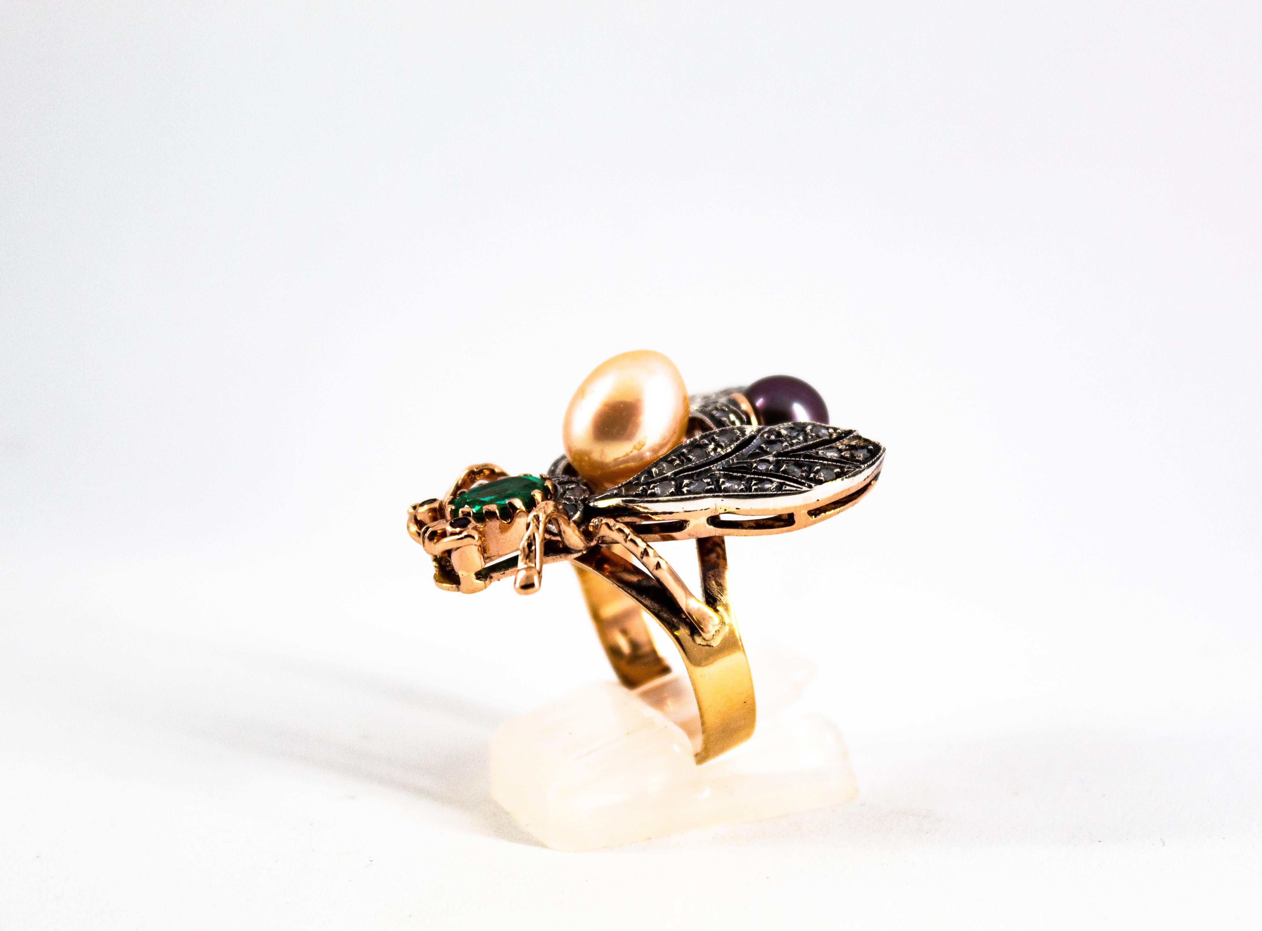 Art Nouveau White Diamond Emerald Ruby Pearl Yellow Gold Cocktail 