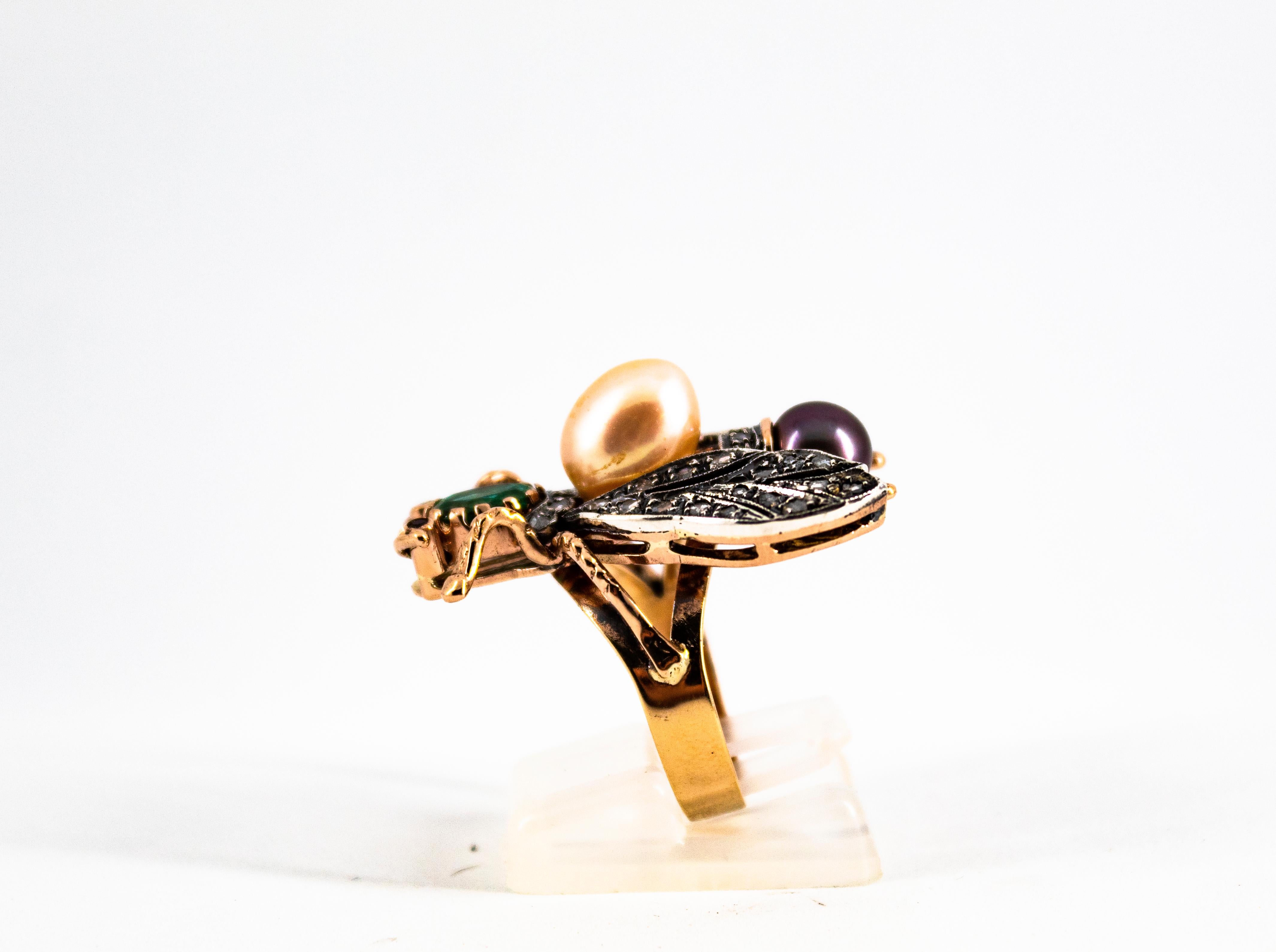 Art Nouveau White Diamond Emerald Ruby Pearl Yellow Gold Cocktail 