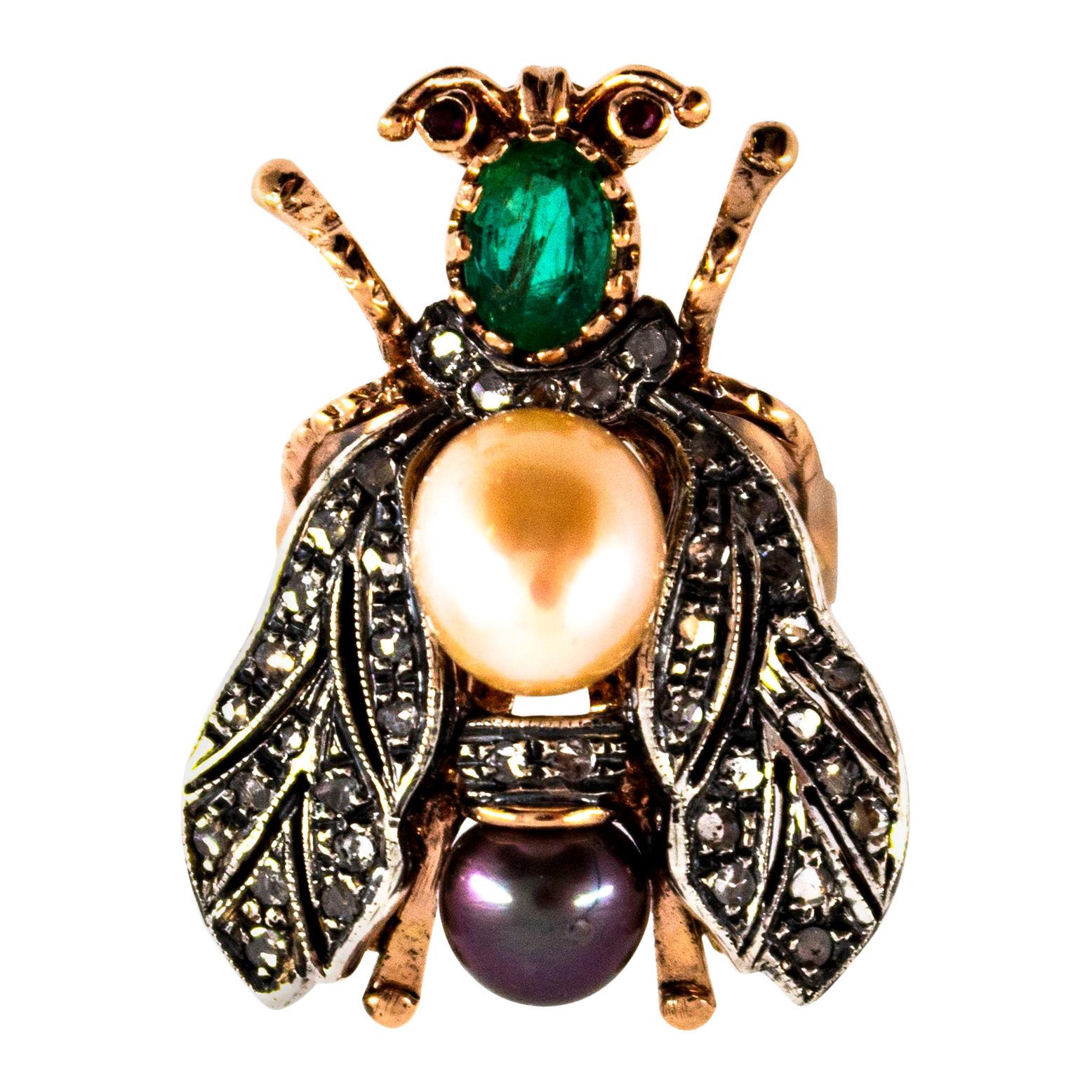 Art Nouveau White Diamond Emerald Ruby Pearl Yellow Gold Cocktail "Cicada" Ring