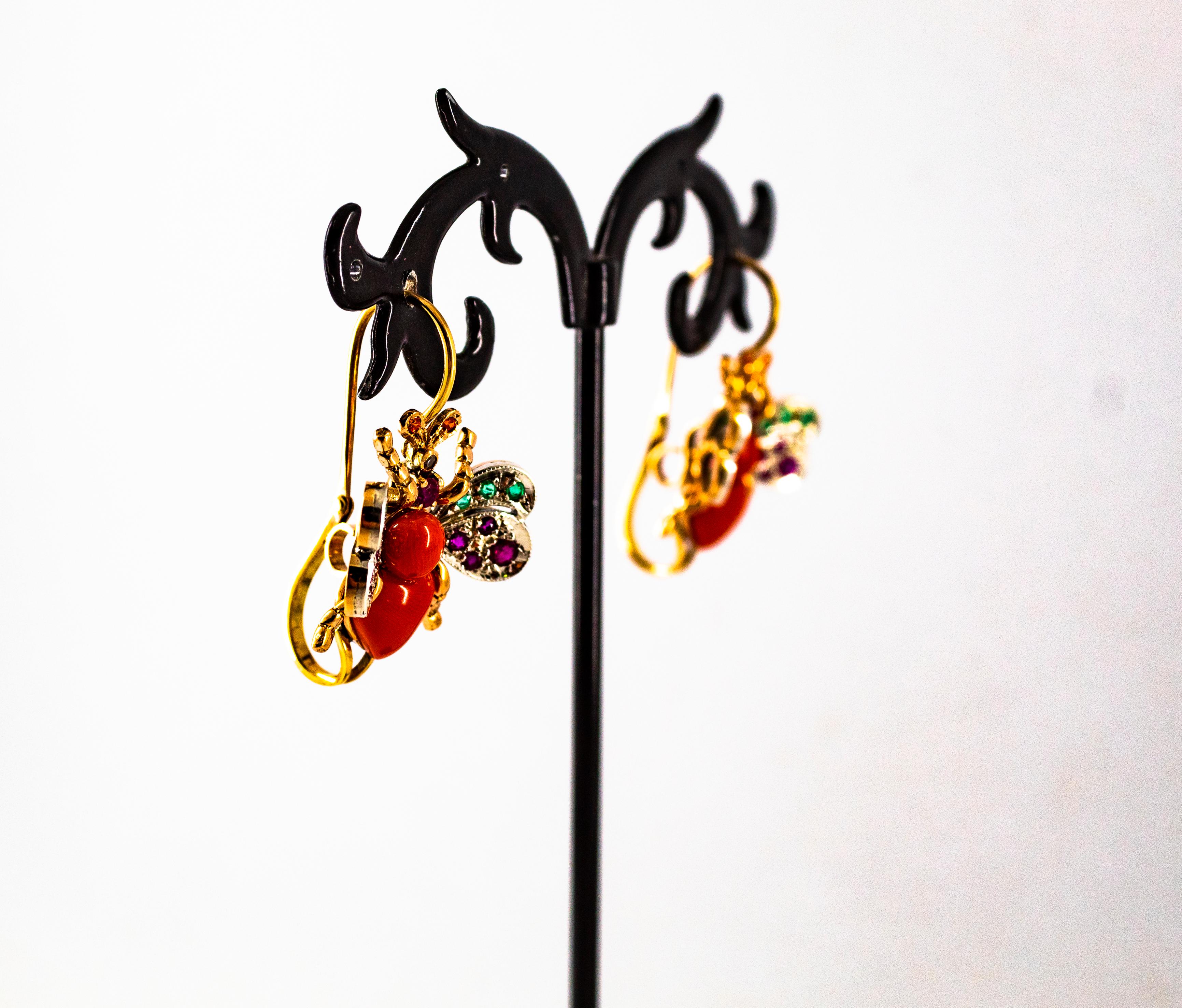 Art Nouveau White Diamond Emerald Ruby Red Coral Yellow Gold Lever-Back Earrings For Sale 2