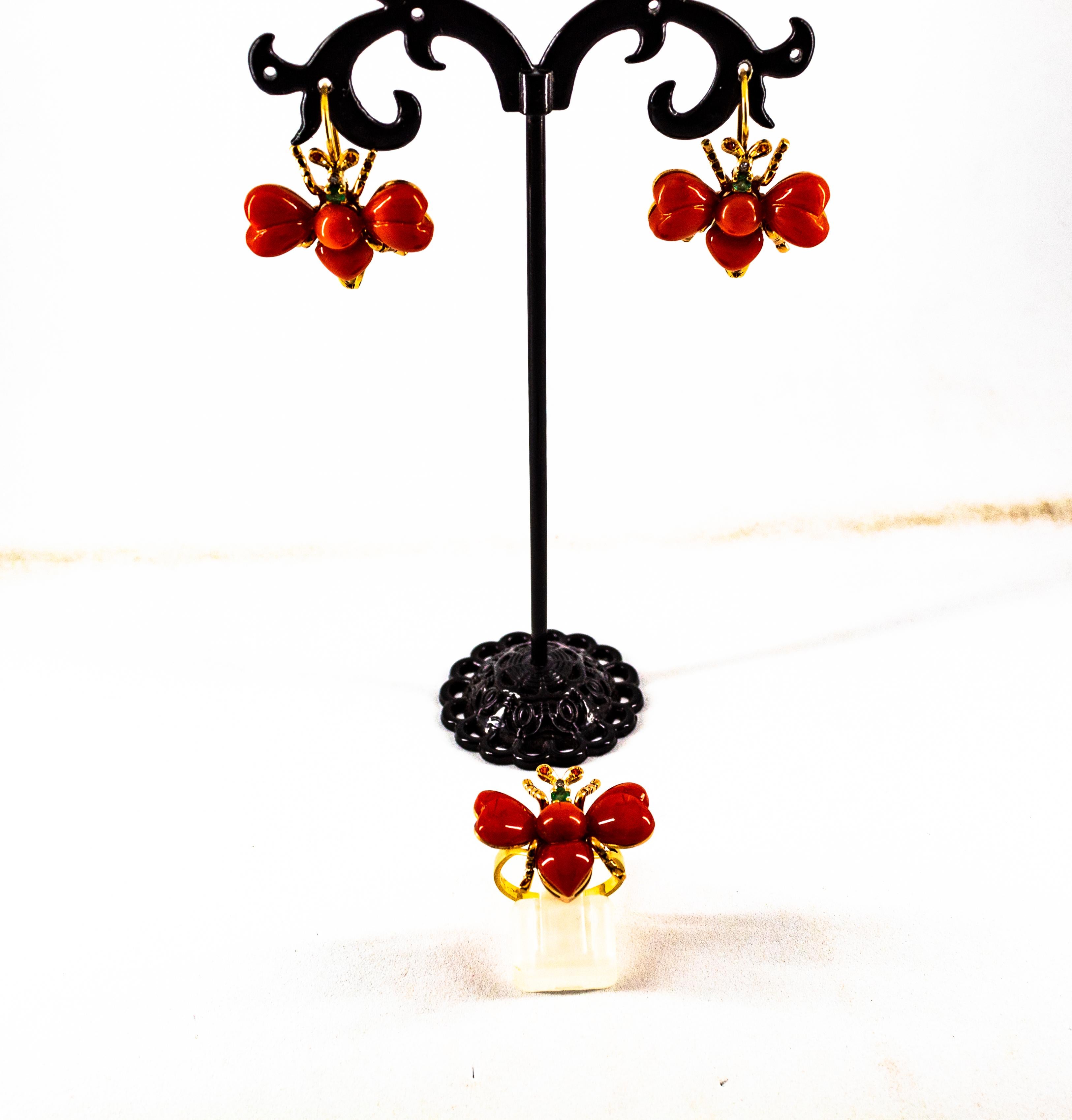 Art Nouveau Pendientes de oro amarillo con diamante blanco esmeralda rubí coral rojo en venta 5